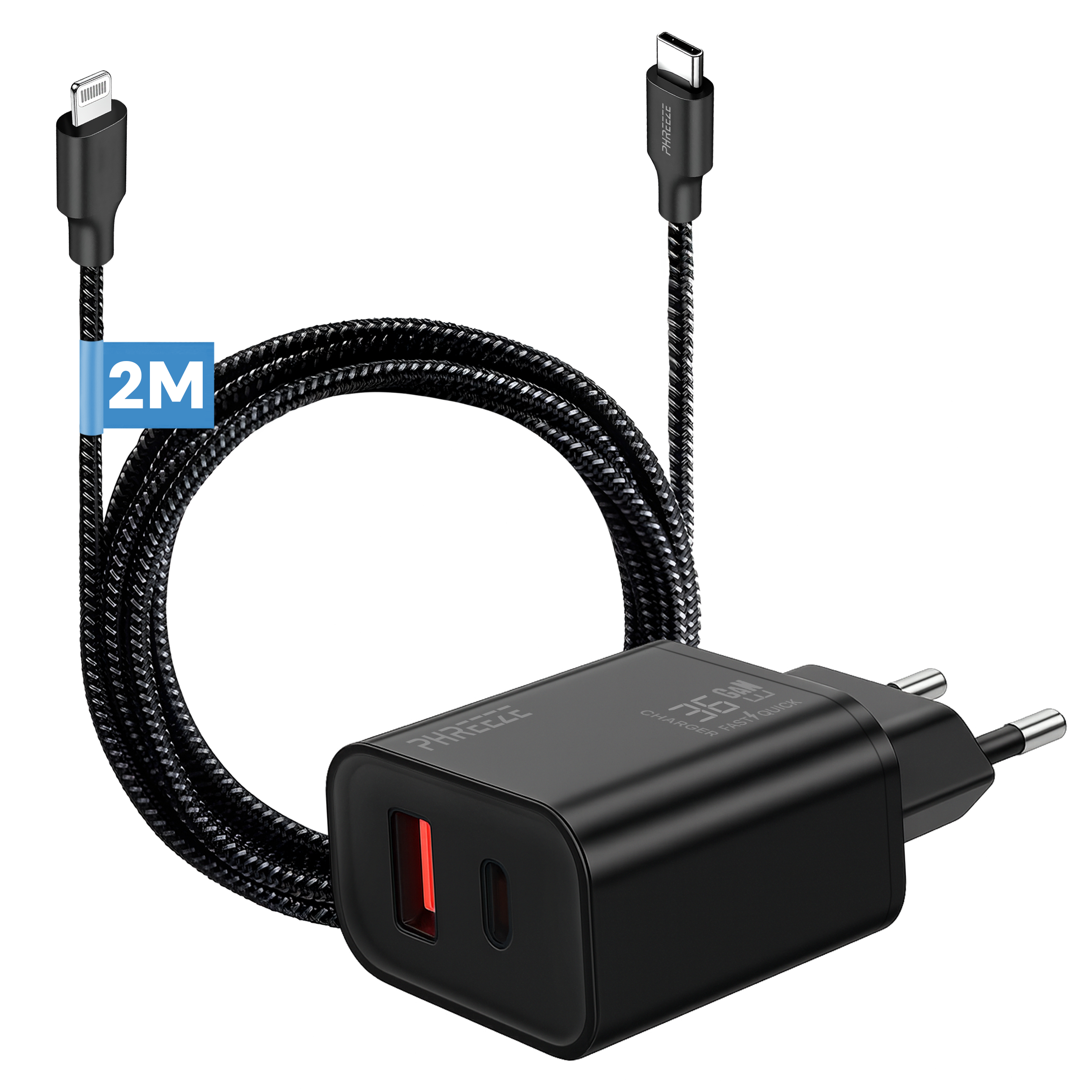 Zwarte oplader met gevlochten kabels. Eén uiteinde is een Lightning-connector, de andere een USB-C. De oplader heeft een USB-poort.