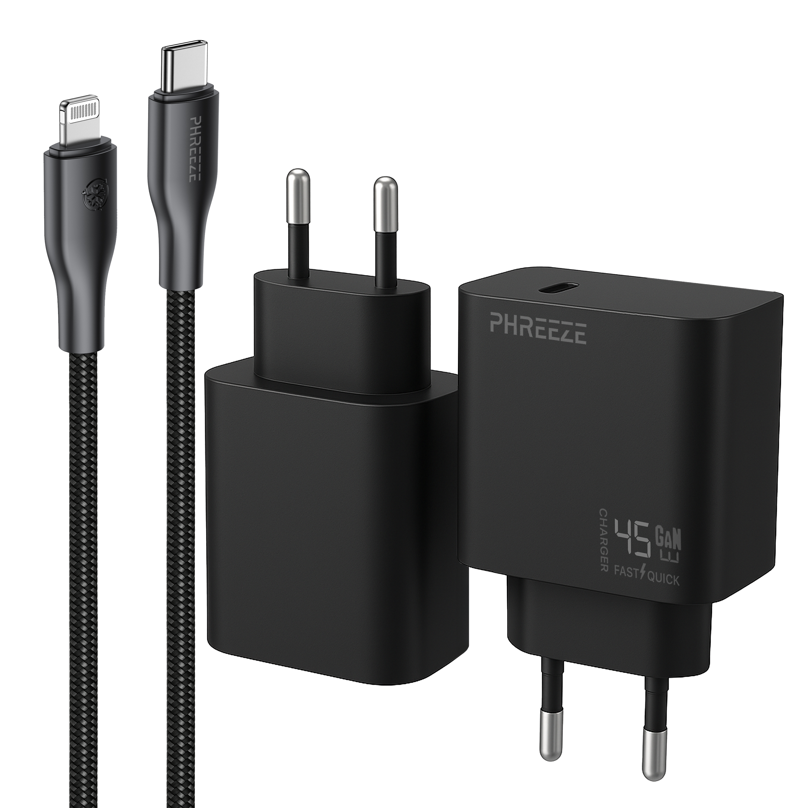 Zwarte opladers en kabels: Lightning en USB-C. Opladers hebben pinnen. Eén oplader toont '45 GAN Fast/Quick'.