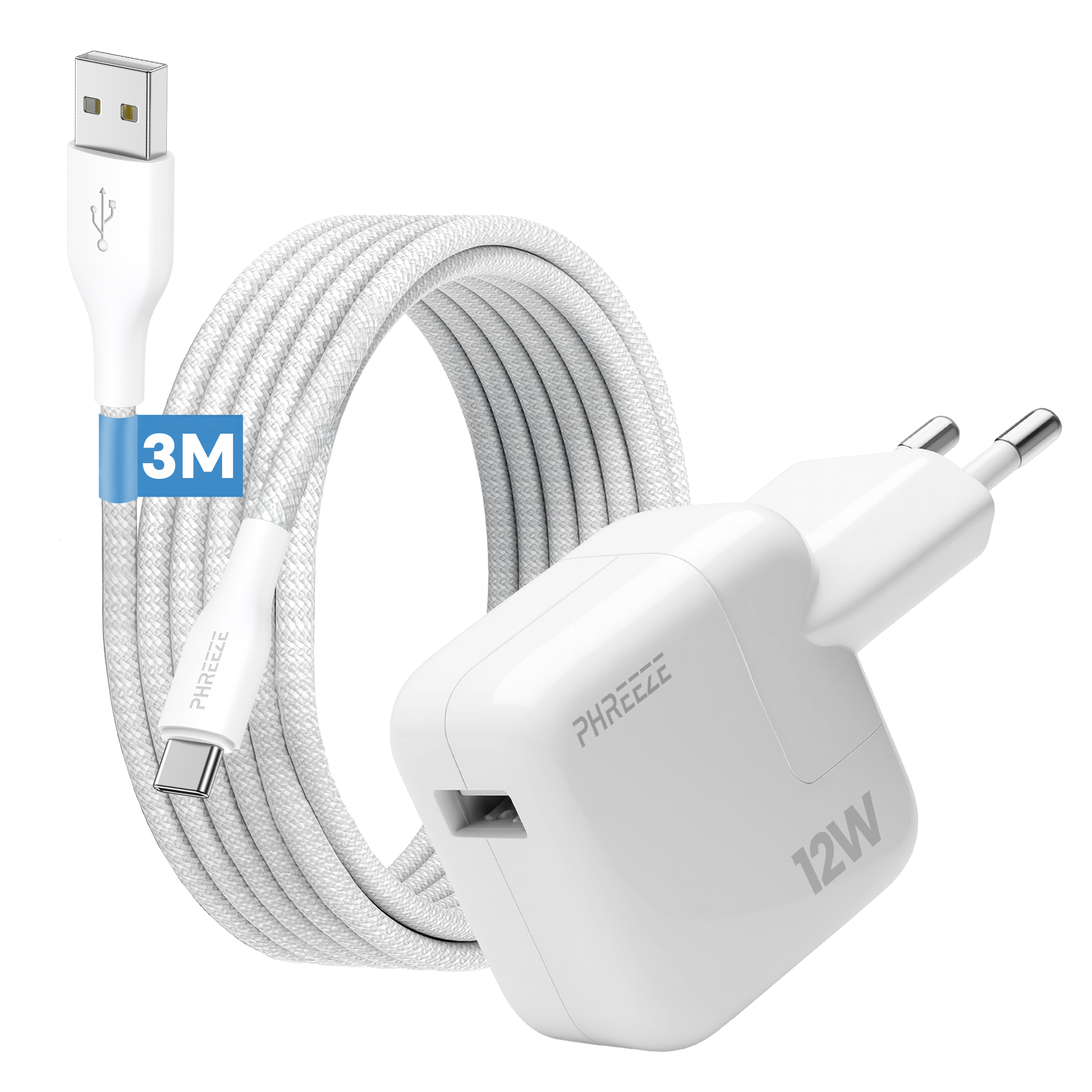 Witte oplader en kabel met USB- en USB-C-connectoren. De oplader is gemarkeerd met 12W.