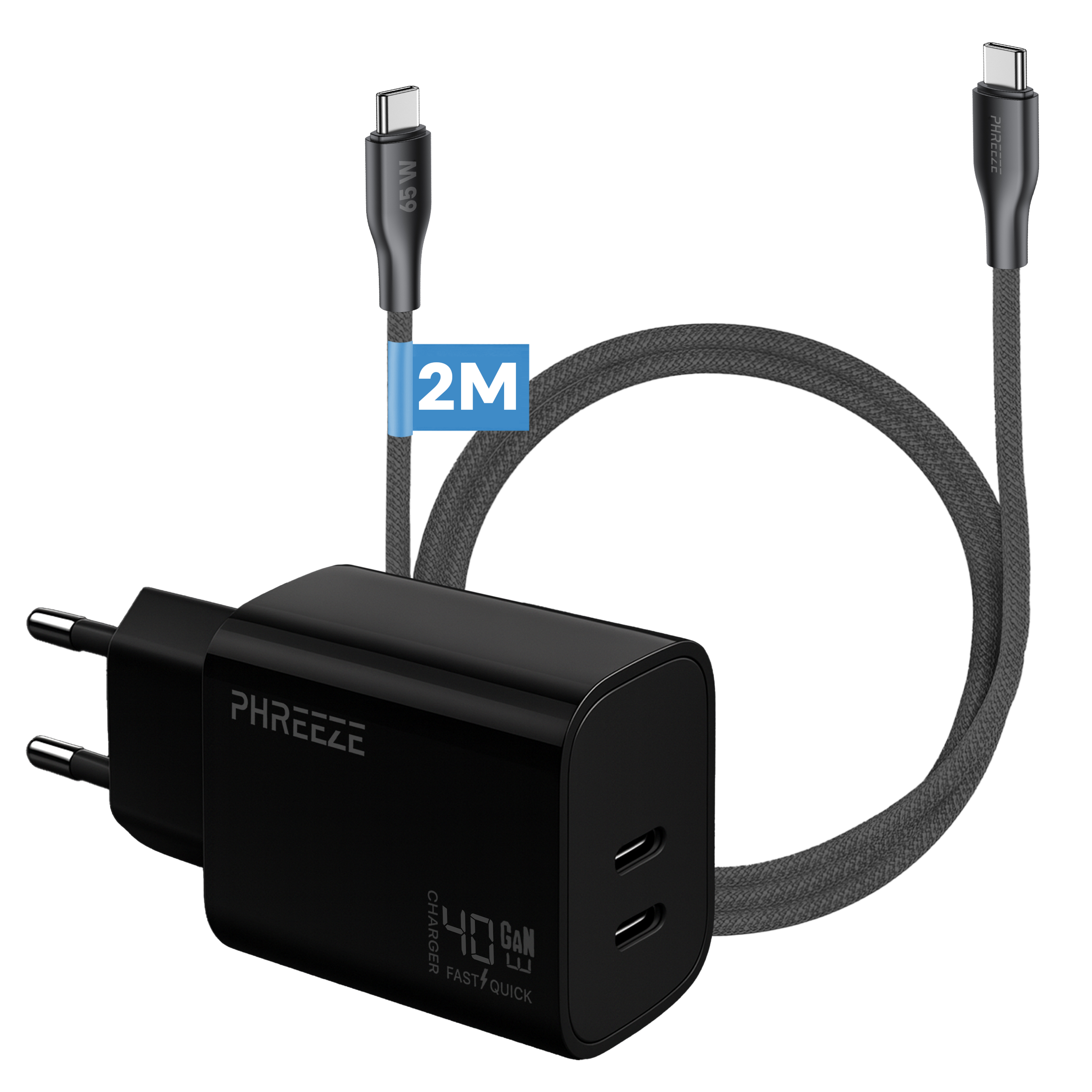 A black charger with a grey cable. The charger has two USB-C ports and is marked with '40W GAN'.