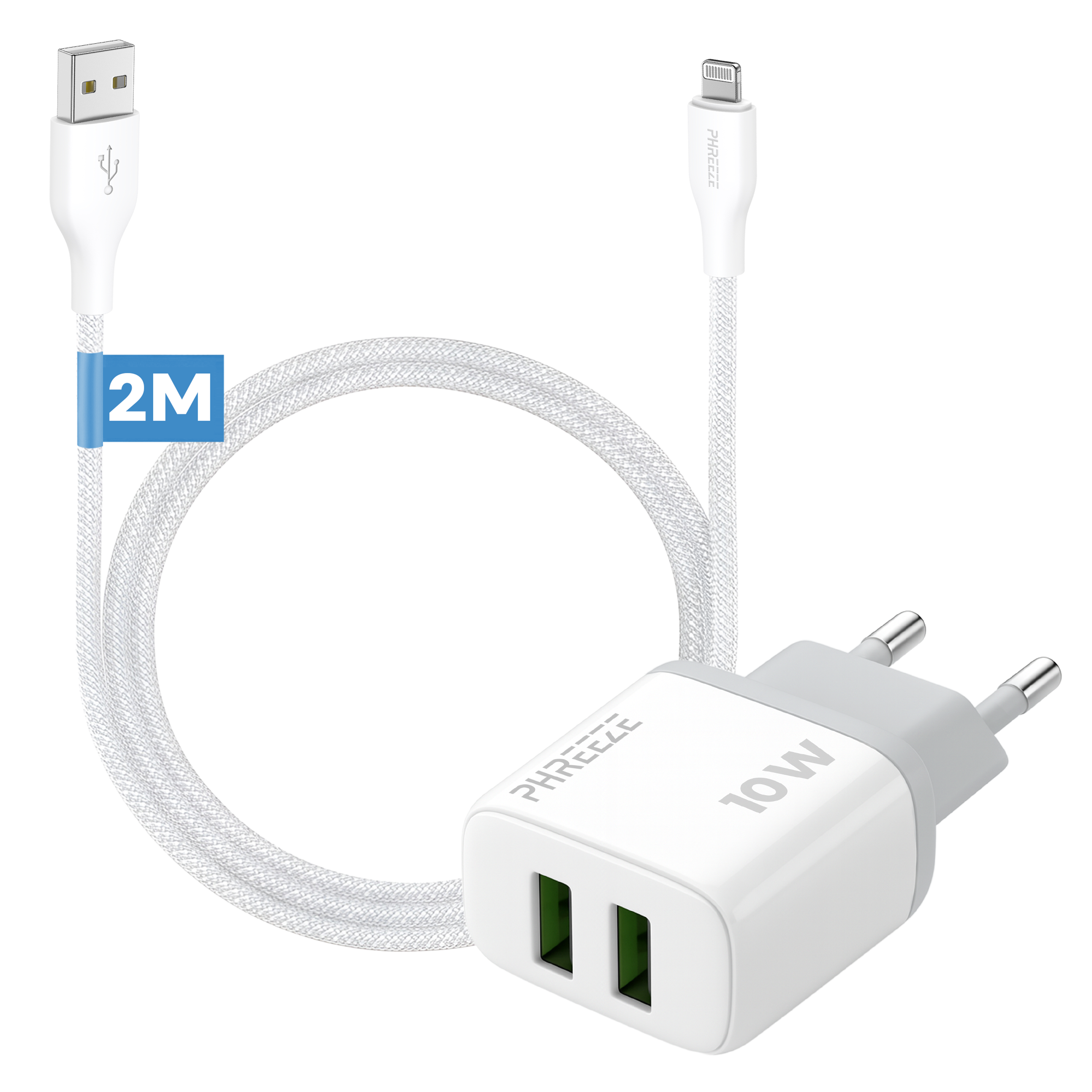 Een witte oplader met twee USB-poorten en een kabel van 2M. De oplader heeft een grijze bovenkant en een witte behuizing.