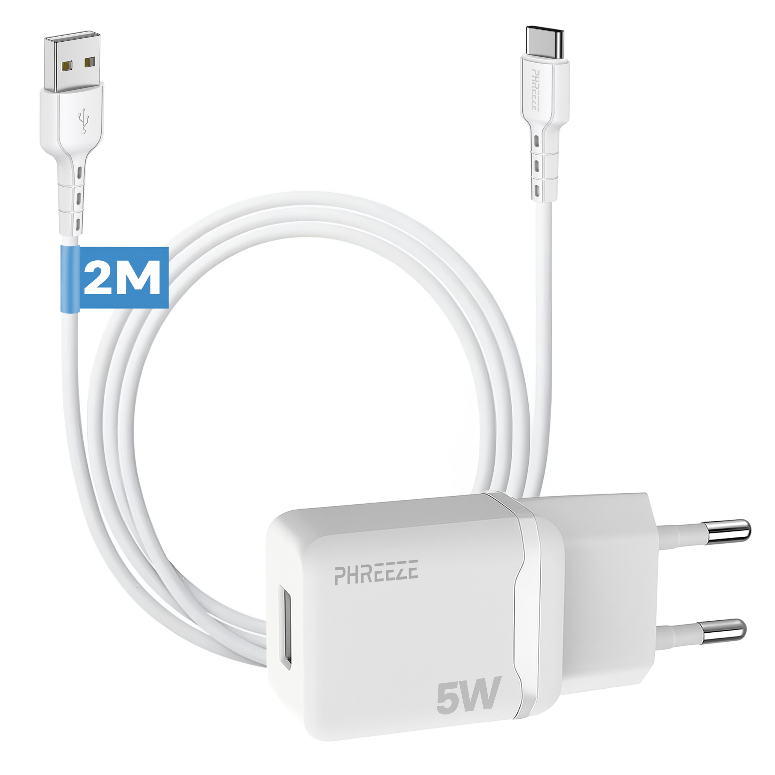 A white charger with a USB and a USB-C cable, plus a white charging brick, all on a white background.