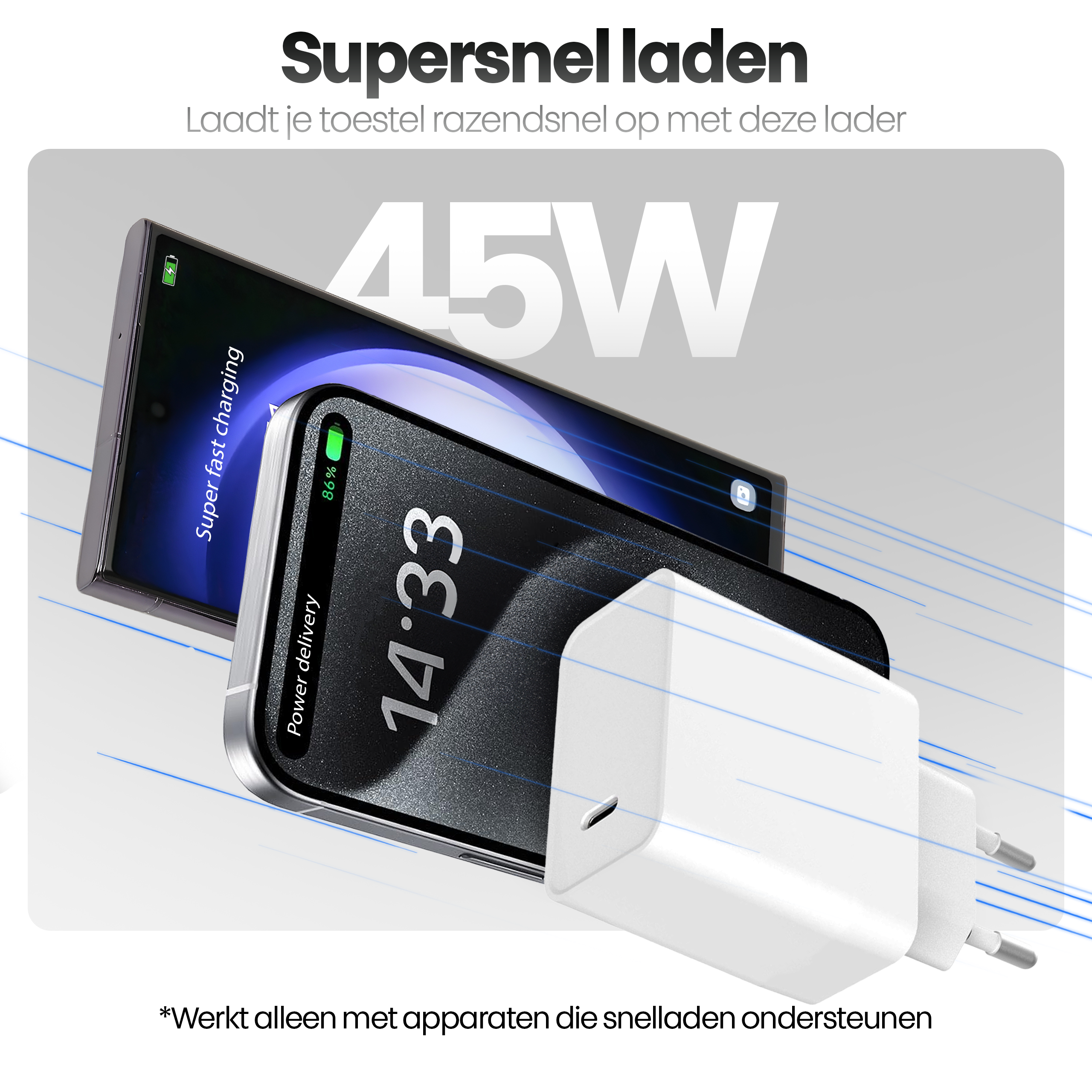 Afbeelding toont een telefoon die oplaadt met een oplader. De telefoon toont 'Super fast charging' en 86% batterij. De lader is 45W.