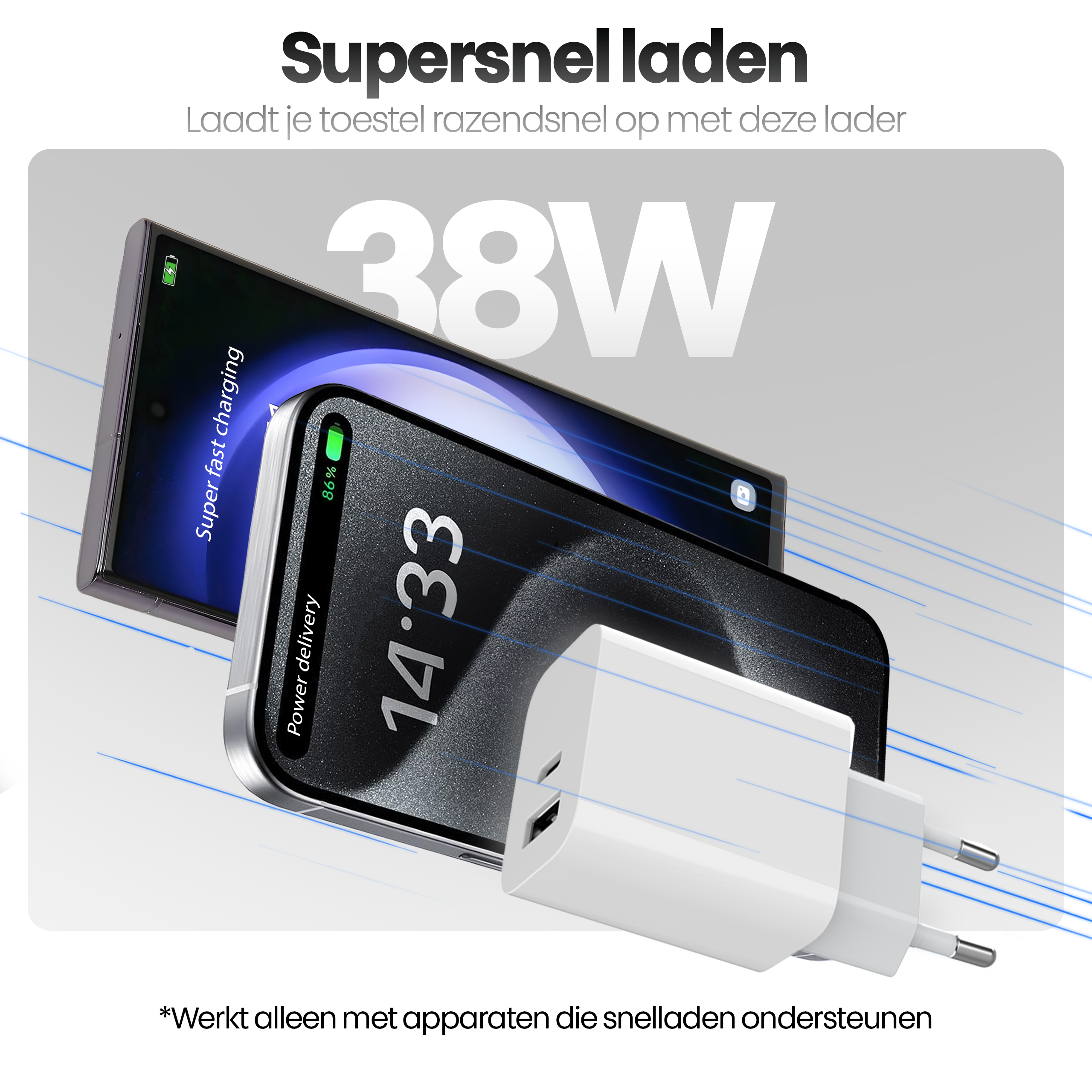 Afbeelding toont twee telefoons die opladen met een witte oplader. De telefoons tonen oplaadinfo en de oplader is gelabeld met 38W.