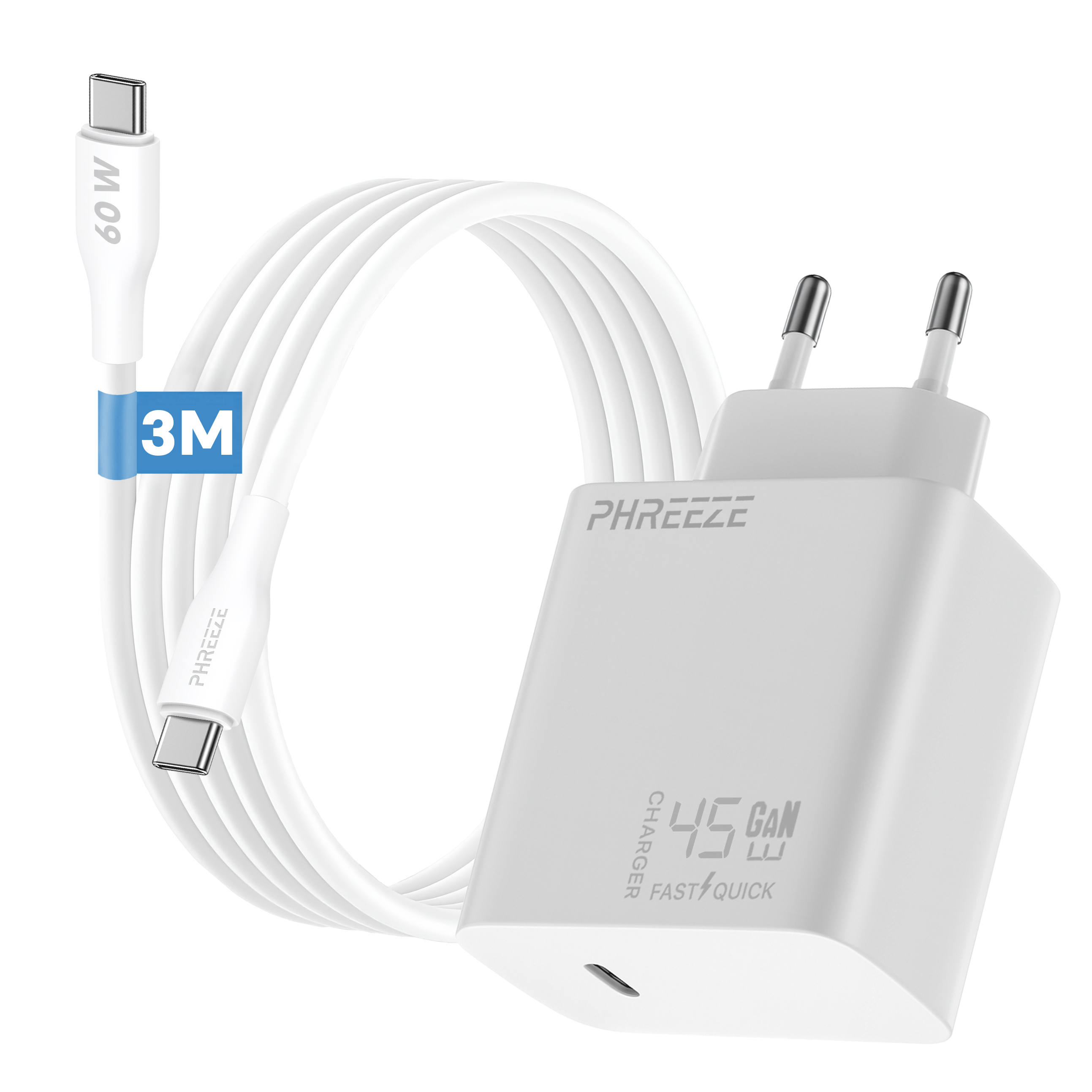 Witte oplader met een witte kabel, een blauw label zegt 3M. De oplader heeft een USB-C-poort en is gelabeld 45W GAN.
