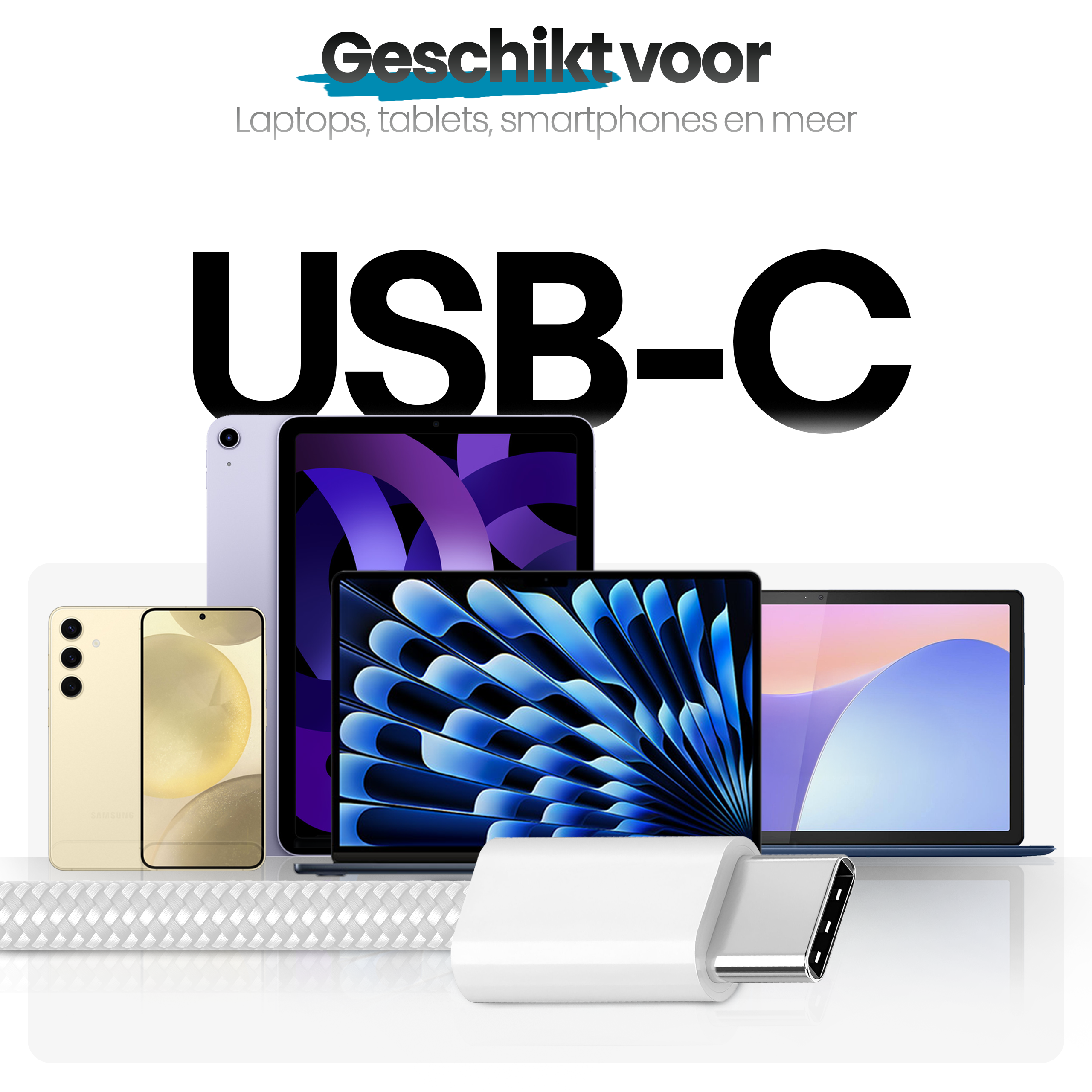 Afbeelding toont een USB-C-connector met meerdere apparaten zoals een telefoon, tablets en een laptop. Tekst zegt 'USB-C'.