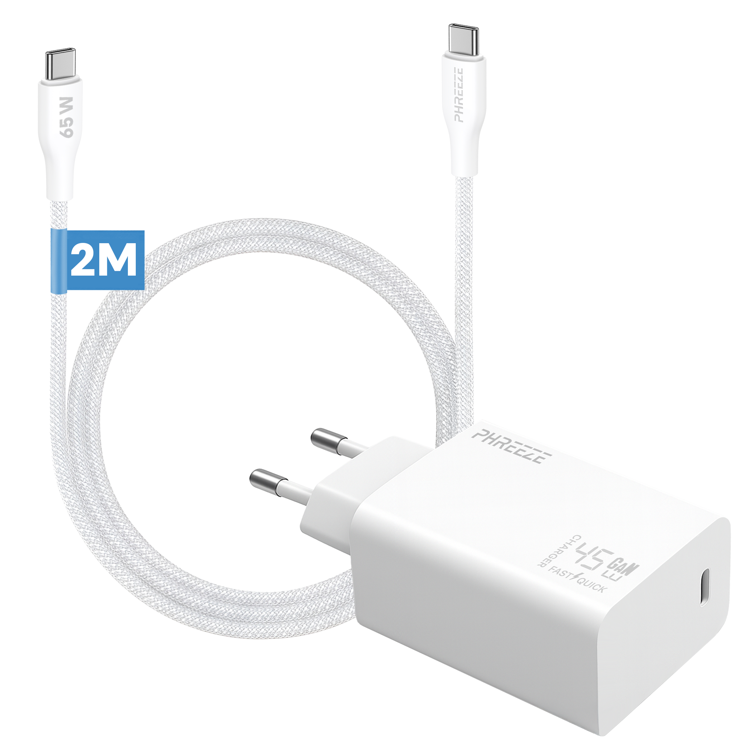 Witte oplader en kabel. De kabel zegt 2M en 65W. De oplader zegt 45W GAN en Snel/Snel.