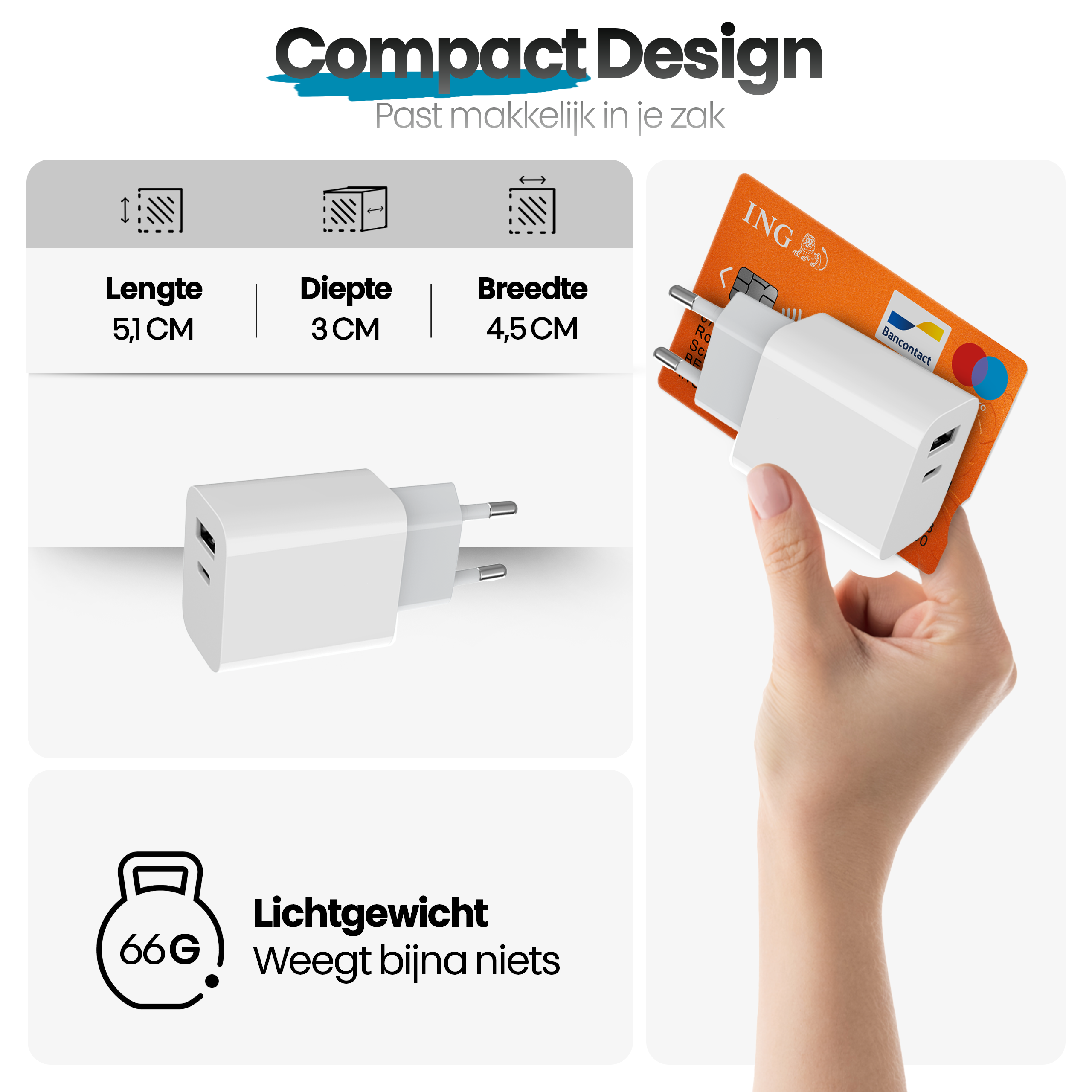 A hand holds a white charger next to an orange ING bank card. The charger's dimensions are displayed next to it.