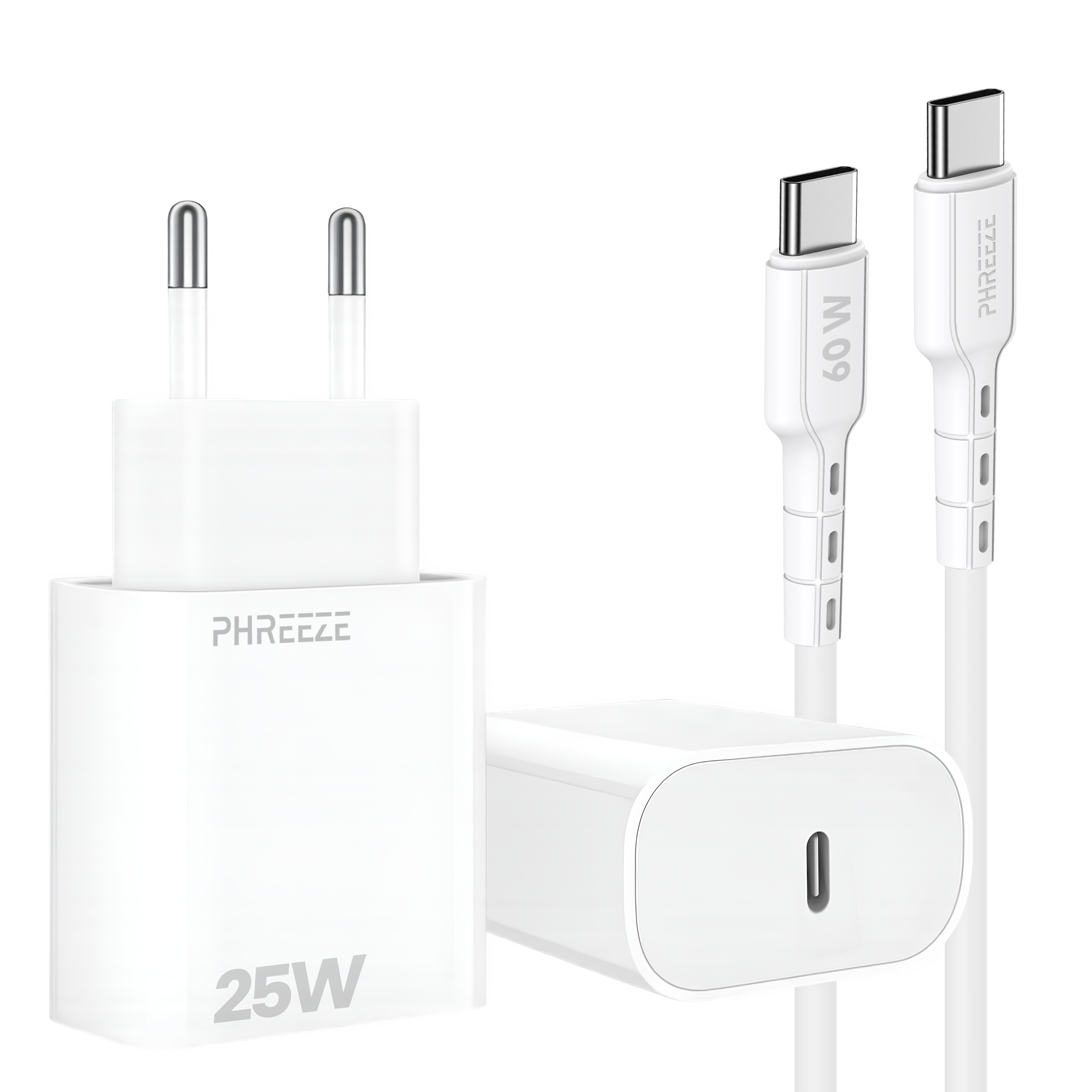A white phone charger and two white USB-C cables. The charger has a plug and a USB-C port.