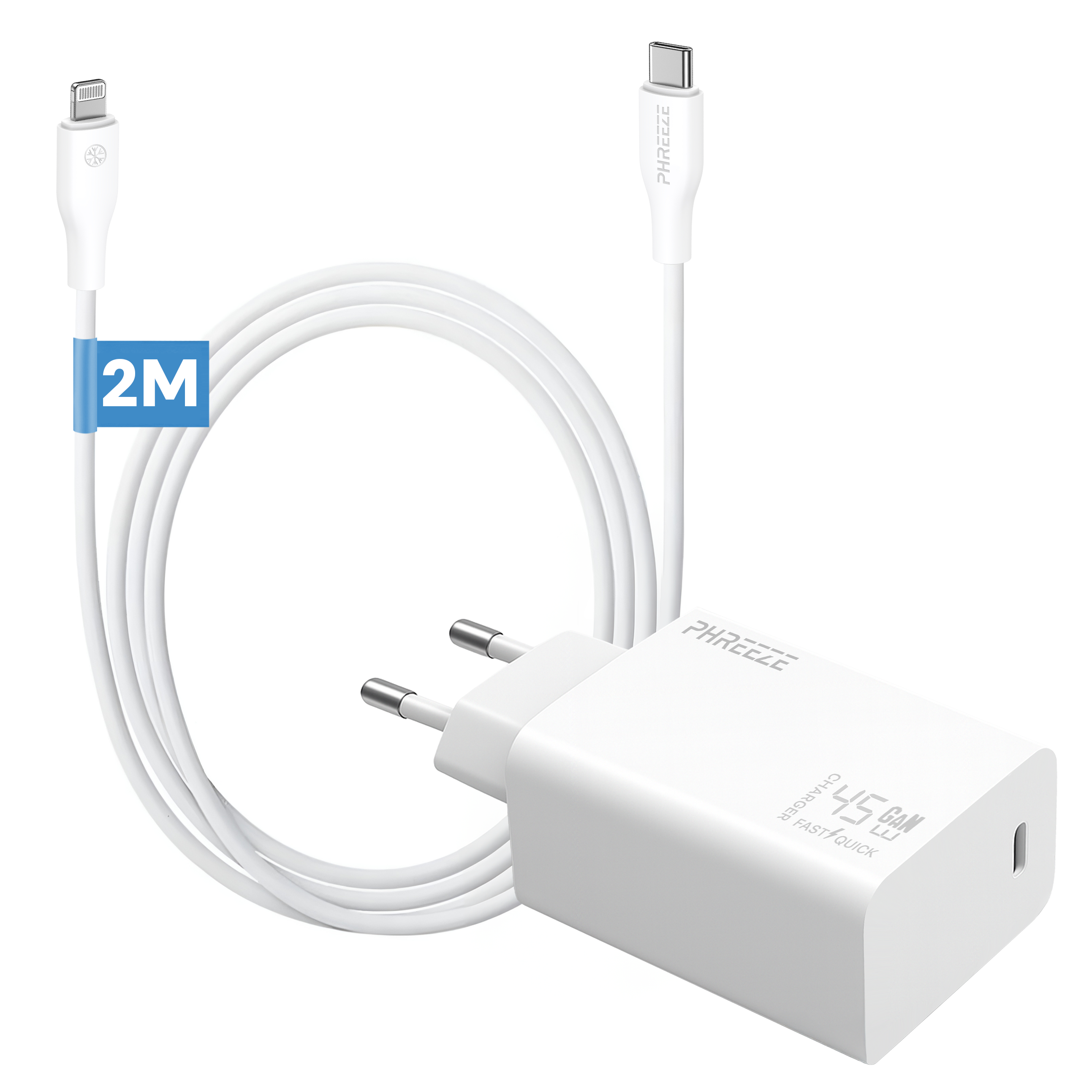Witte oplader met kabel. De kabel heeft een Lightning- en een USB-C-connector. De oplader heeft een vermogen van 45W.