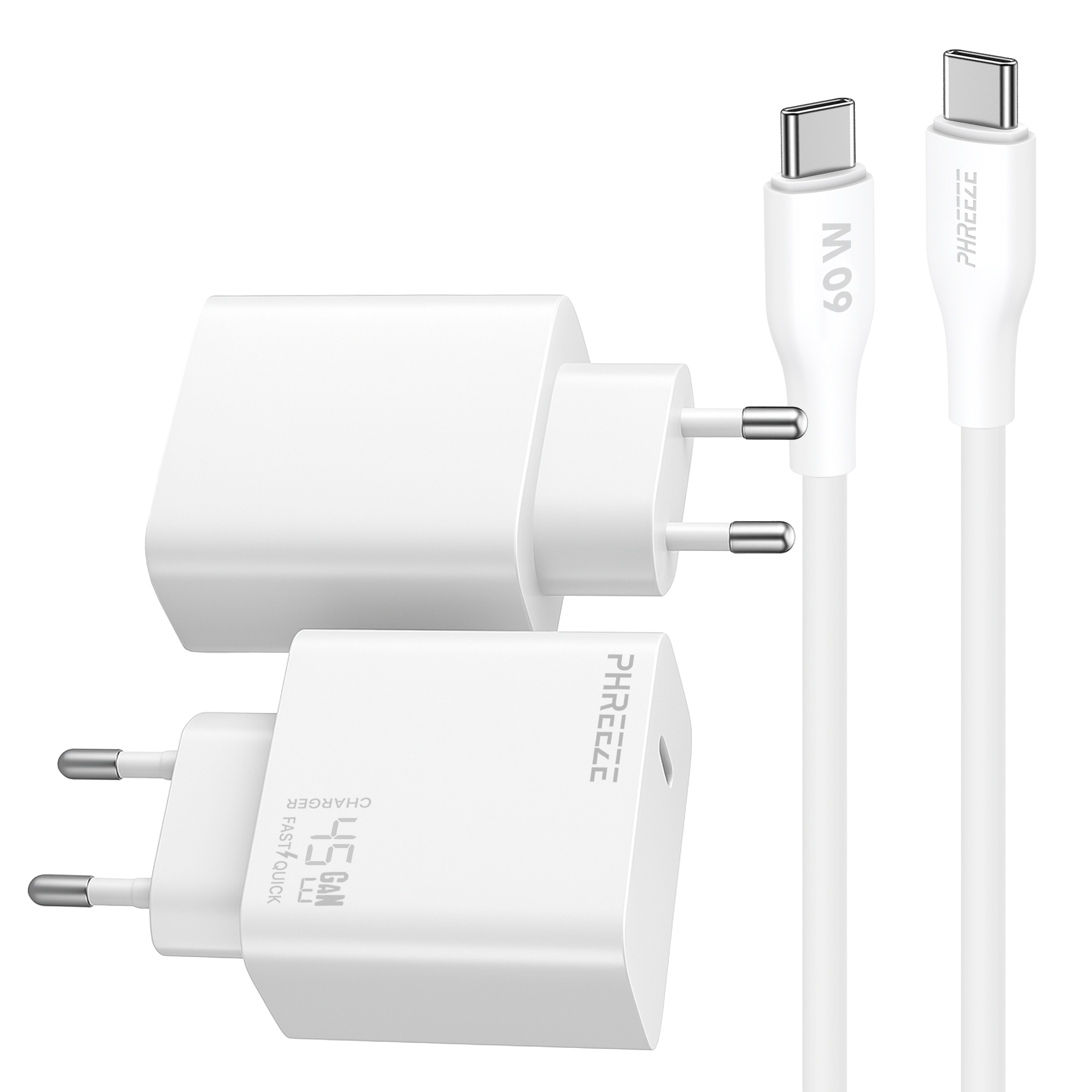 Witte voedingsadapters en USB-C-kabels op witte achtergrond. Een adapter is gelabeld met 45W. Kabels hebben 'M 09' en 'PHREEZE'.
