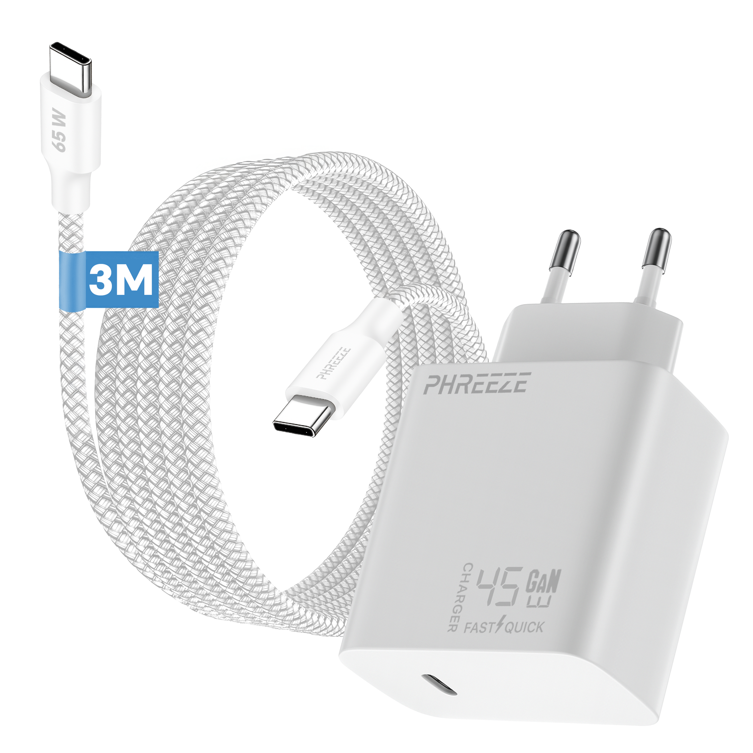 Een witte oplader en kabel met USB-C connectoren. De oplader heeft een digitaal display en de kabel een 3M label.