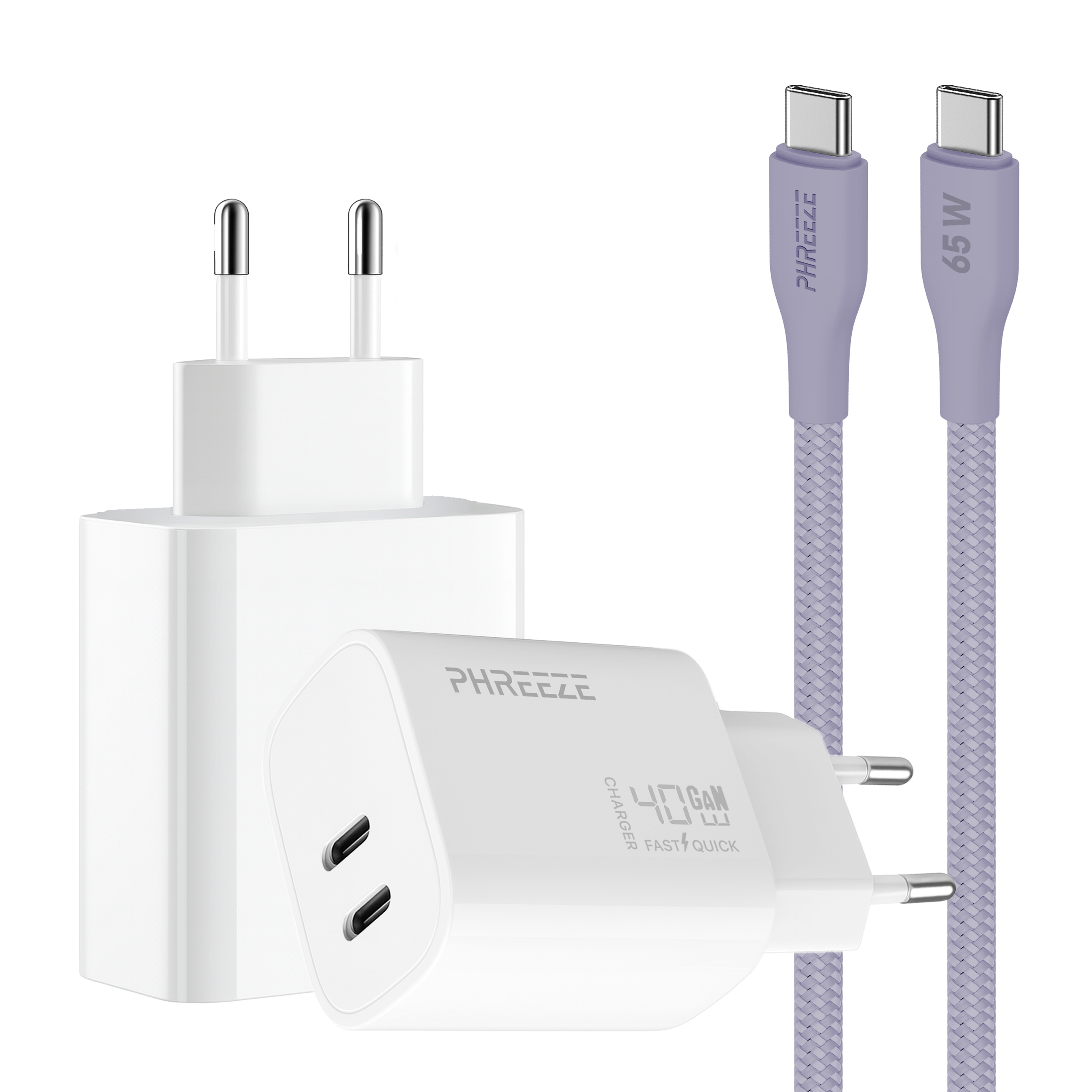 White chargers and purple cables on a white background. One charger has two ports, another has pins.