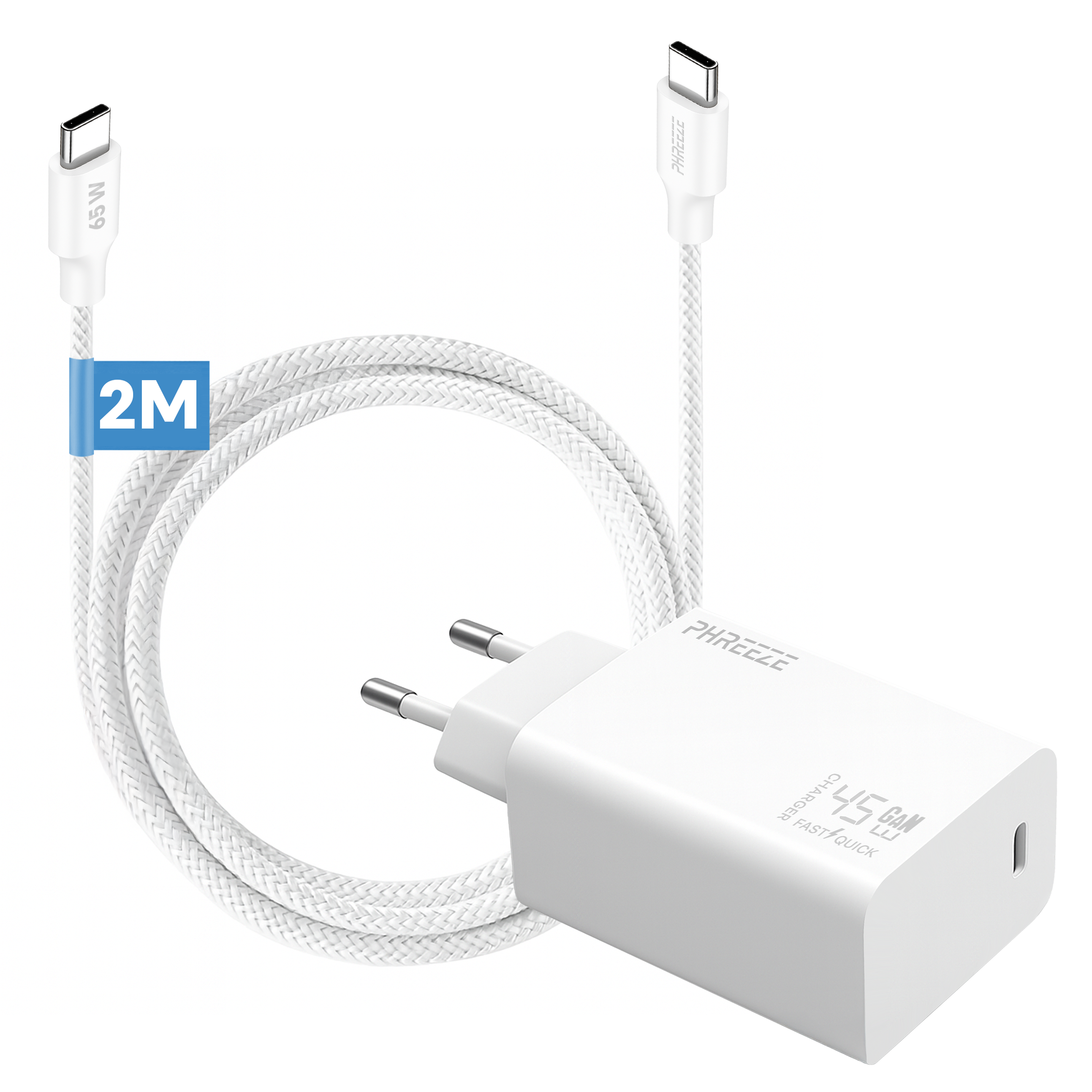 Een witte oplader met een witte gevlochten kabel. Tekst geeft 65W, 45W GaN en 2M aan. De oplader heeft twee pinnen.