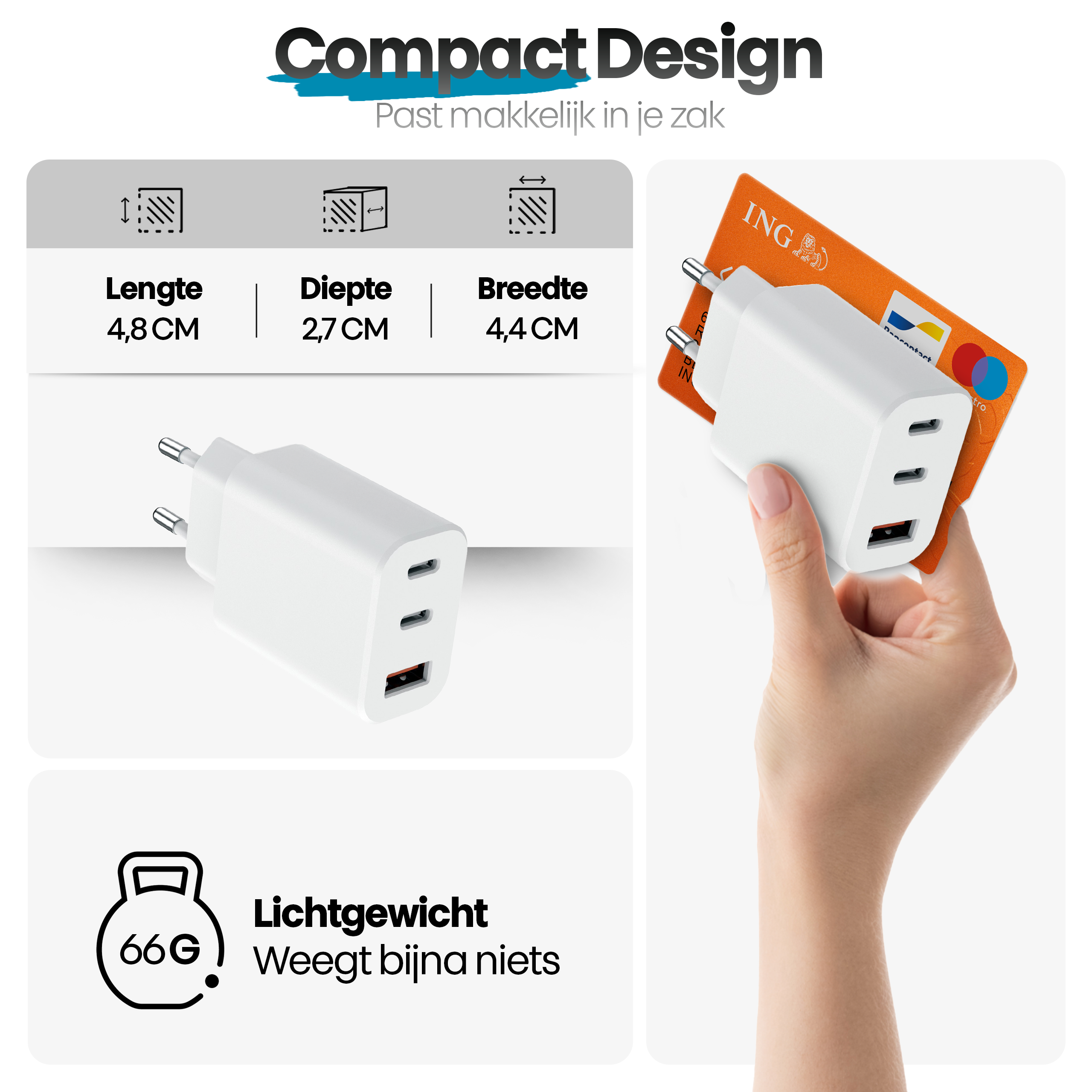 Een witte oplader met USB-poorten wordt vastgehouden. Een oranje ING-bankpas wordt erachter gehouden.