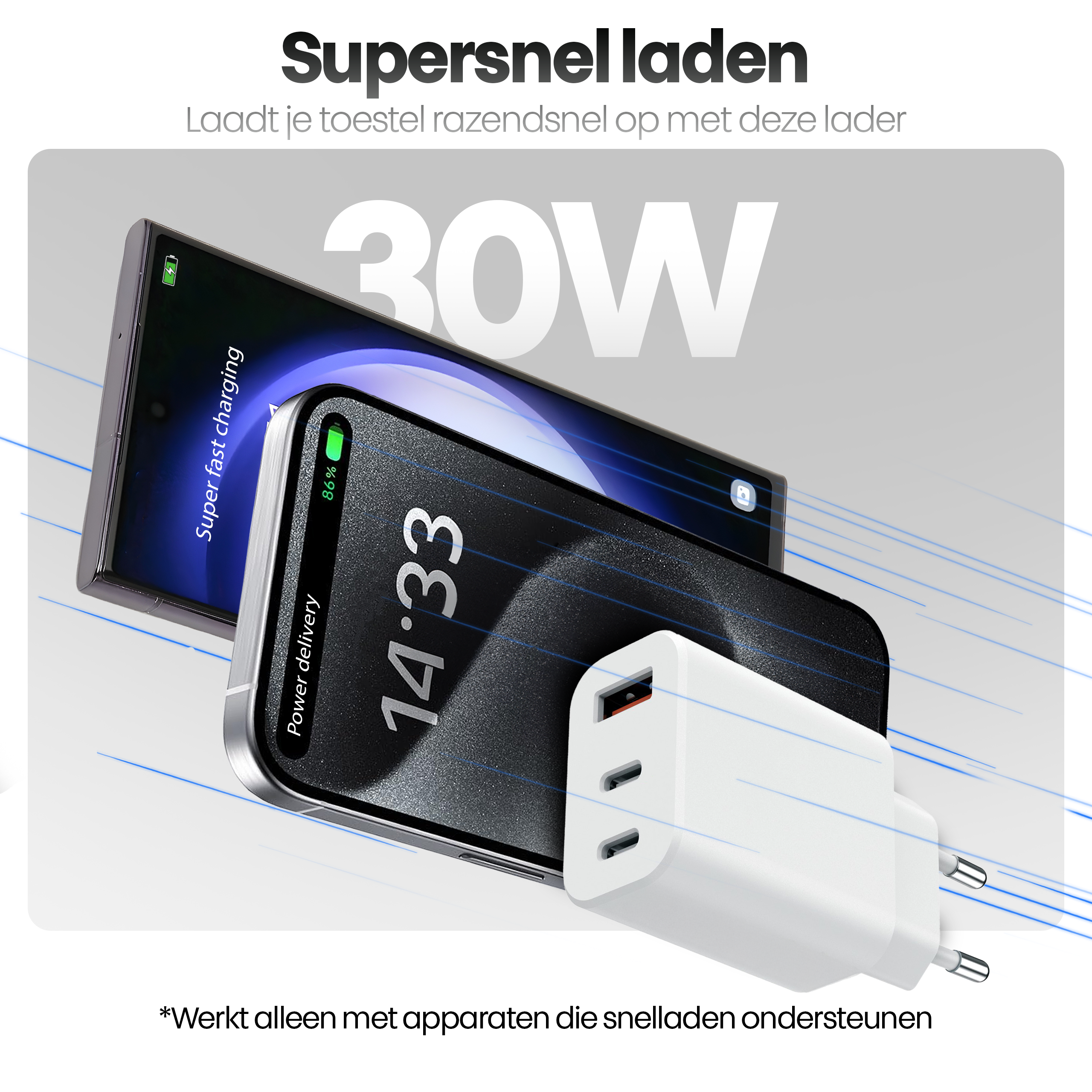 Afbeelding toont een telefoon die oplaadt met een witte oplader. De telefoon toont 86% batterij en 14:33 uur.