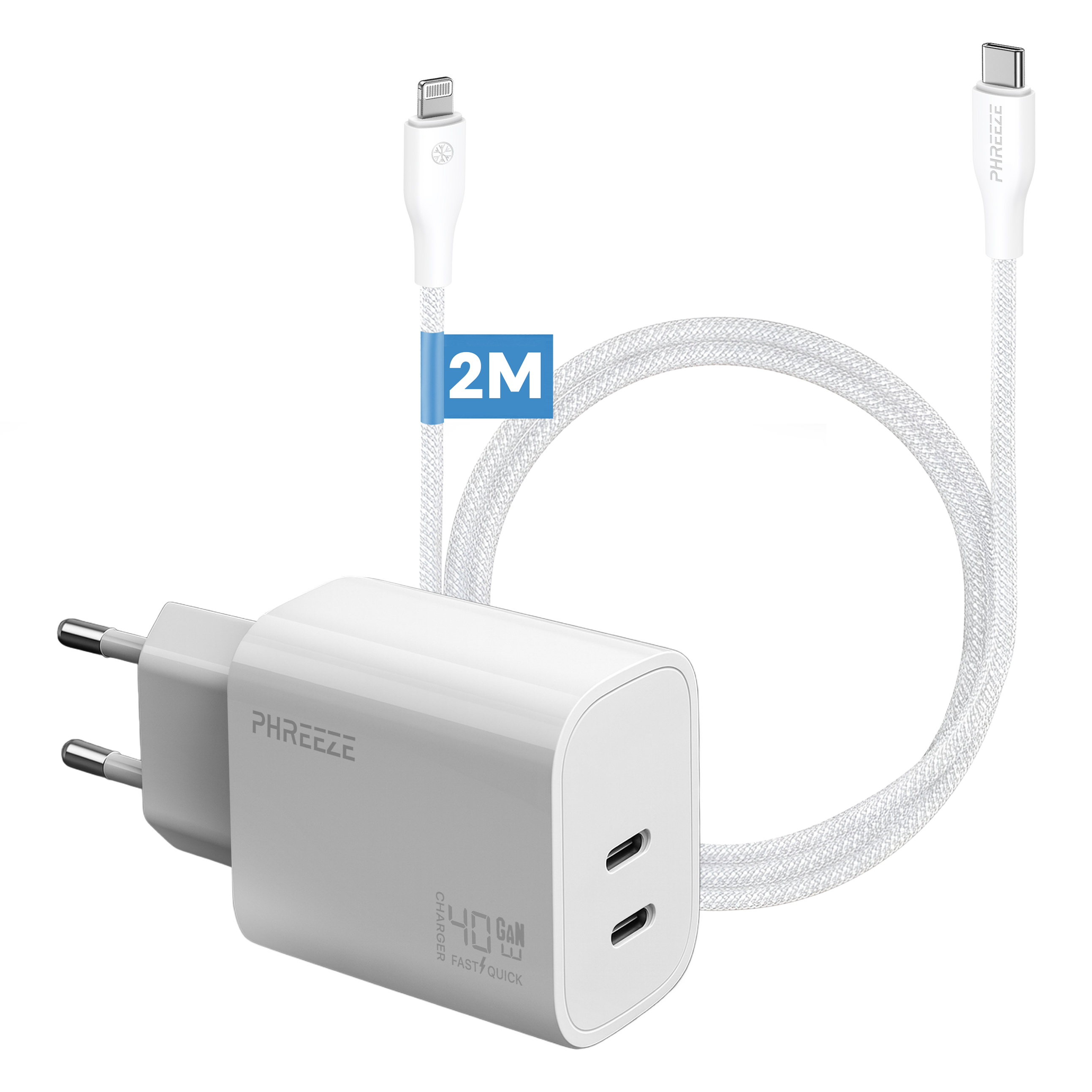 Een witte oplader met twee USB-C-poorten en een witte kabel met Lightning- en USB-C-connectoren. De kabel is 2 meter.