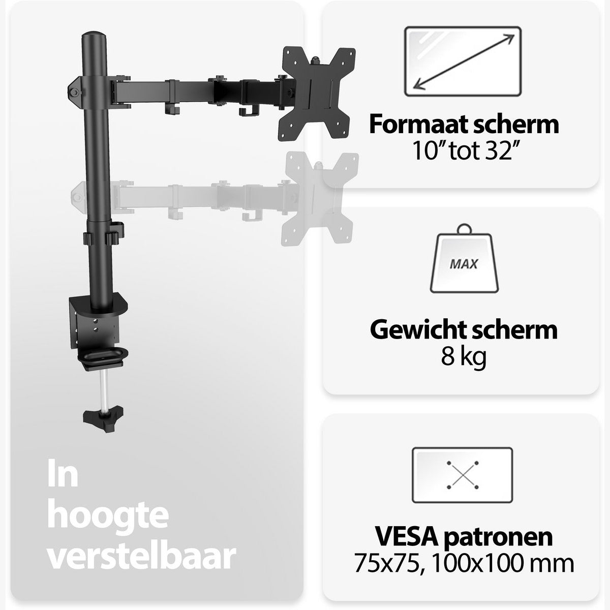 Black monitor arm with adjustable height and specifications for screen size (10"-32"), weight (8kg), and VESA patterns.