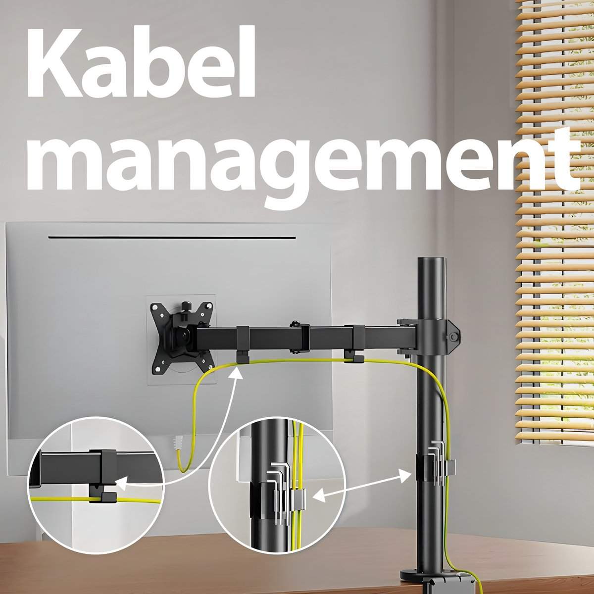 A monitor arm with cable management. The monitor is attached to the arm. Yellow cables are routed for organization.