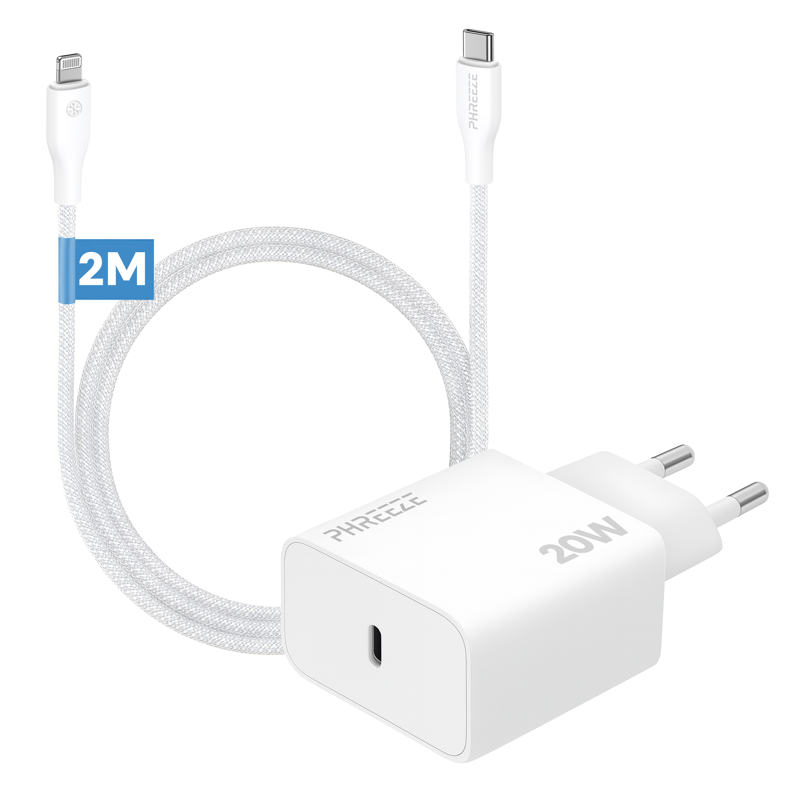 Een witte telefoonlader met kabel. Het heeft een USB-C en Lightning connector.