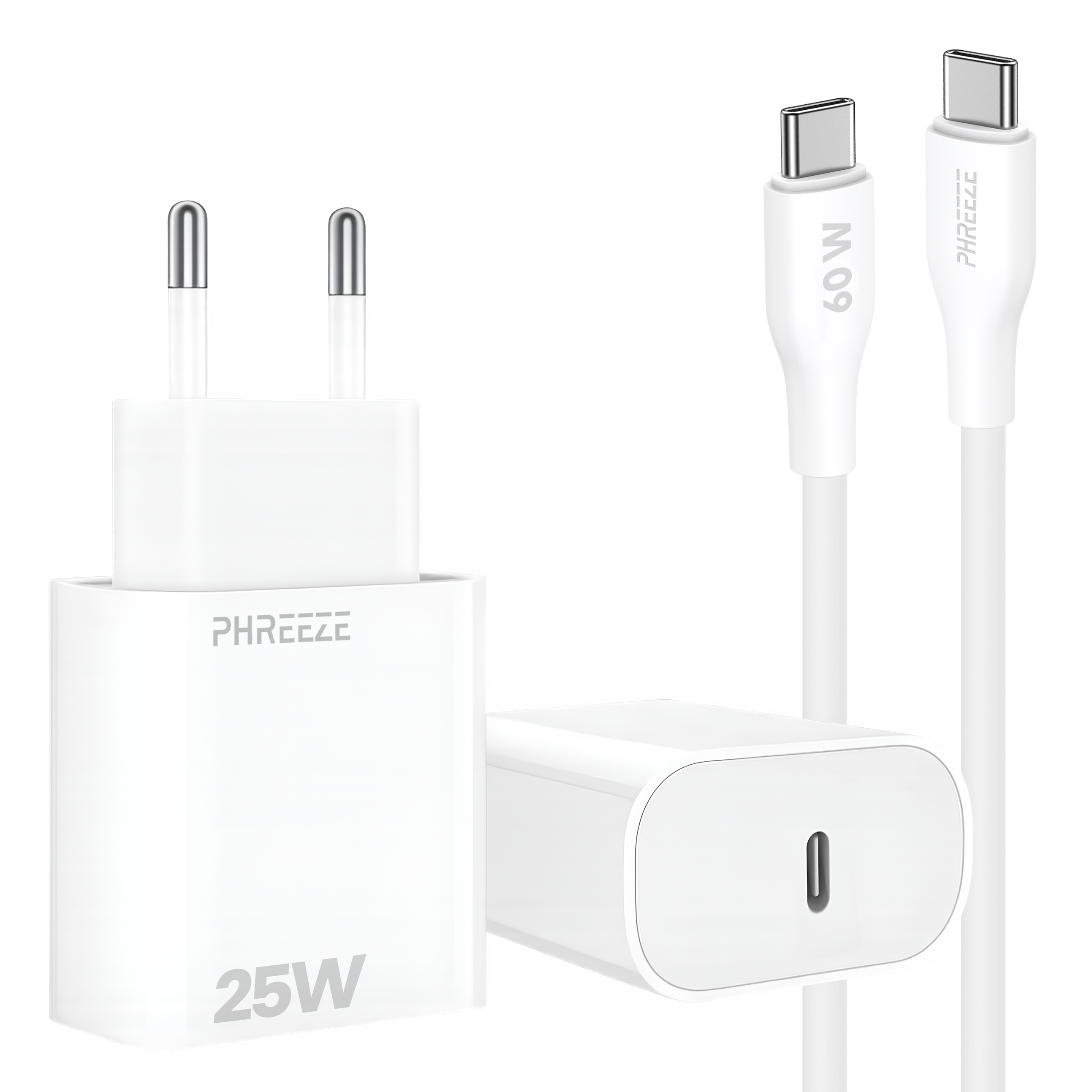 Witte oplader met twee kabels. Oplader heeft een label van 25W. Kabels hebben een USB-C-connector. De merknaam is Phreeze.