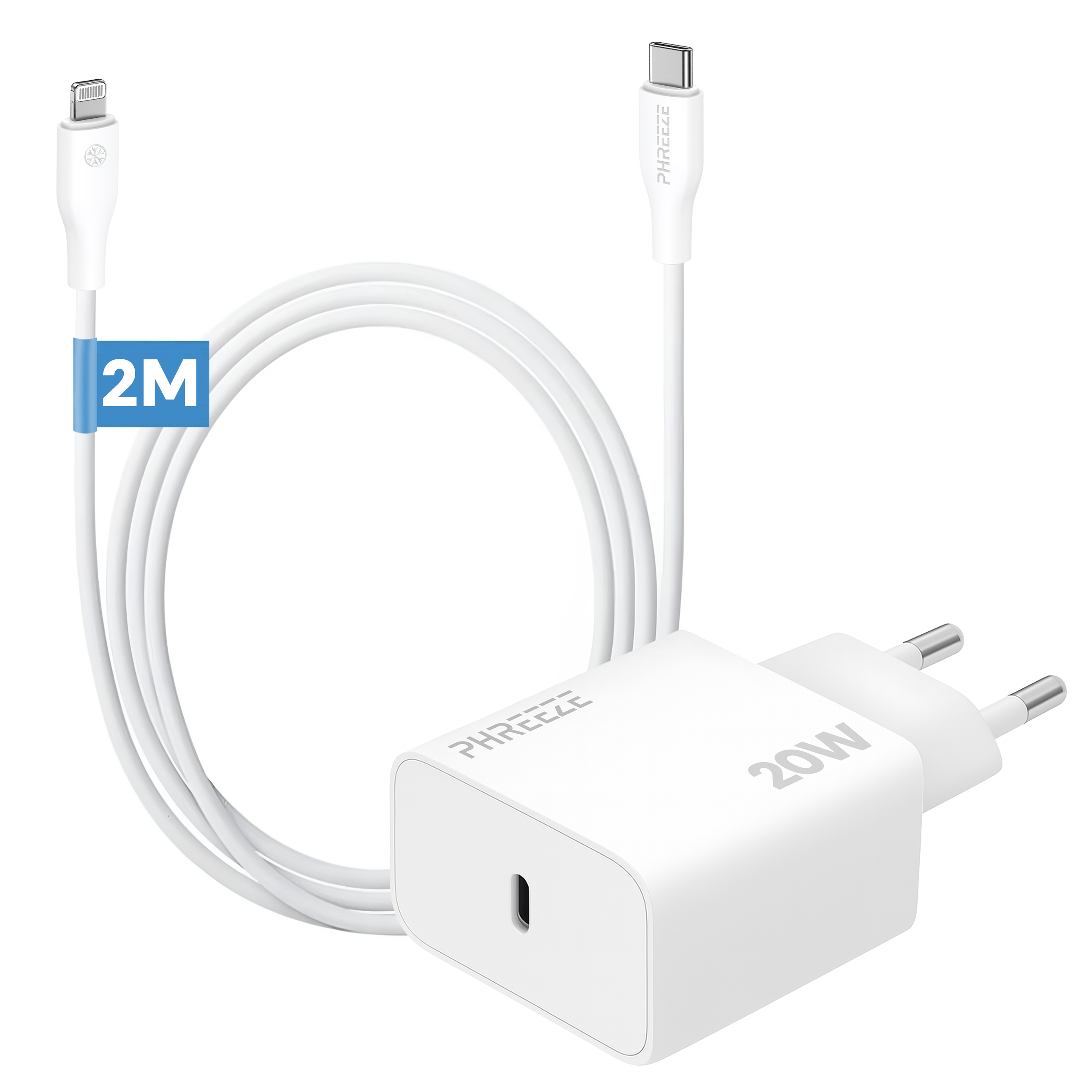 Een witte oplaadkit, inclusief een kabel met Lightning- en USB-C-connectoren en een 20W-stroomadapter.