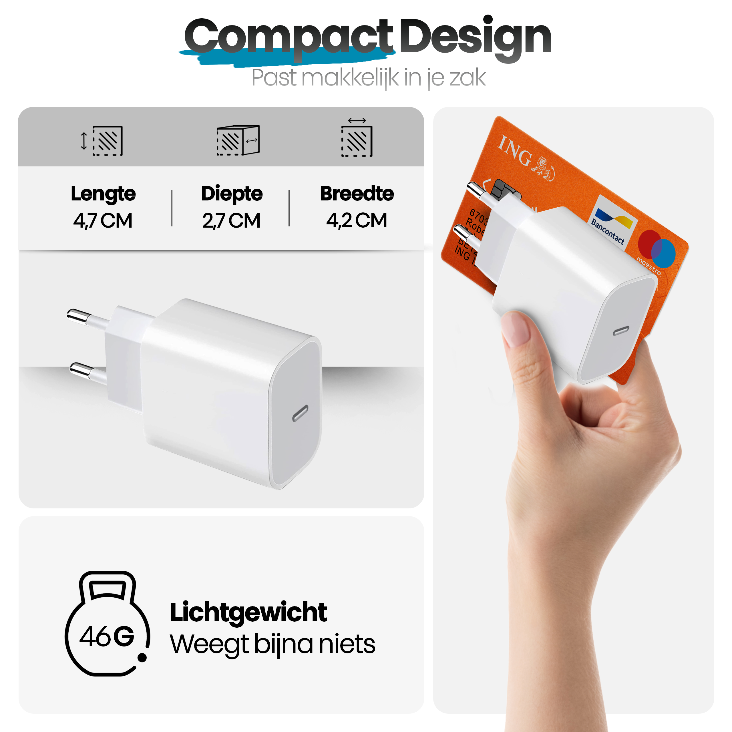 Hand holding a white charger next to an ING credit card. Dimensions and weight are listed on the left.