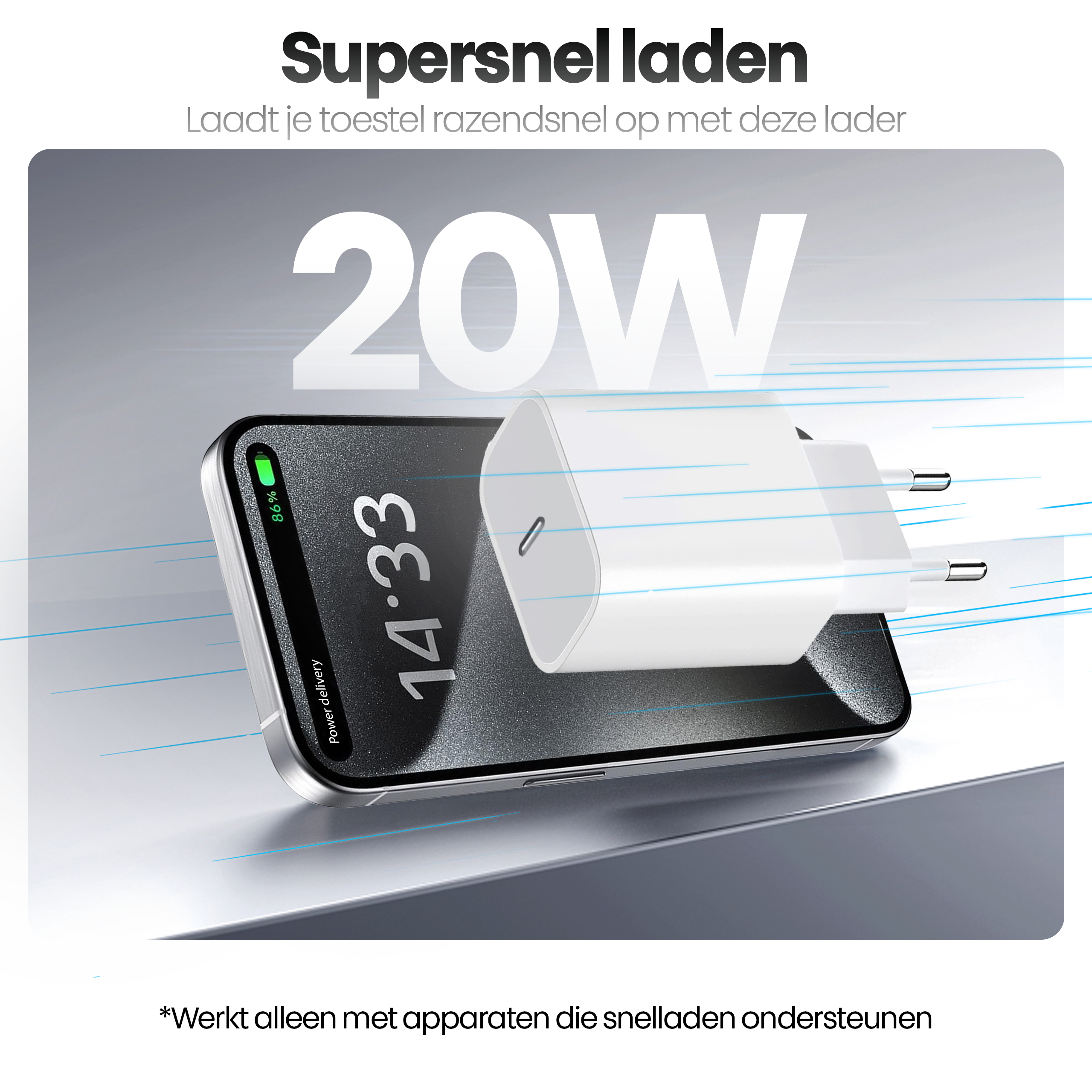 Image shows a phone charging with a 20W charger. The phone shows 86% charge and a time of 14:33.