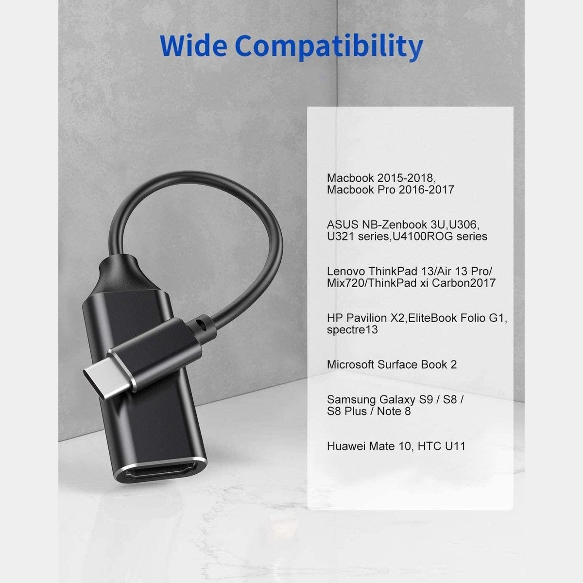 Een zwarte adapterkabel is aangesloten. Tekst op een witte rechthoek toont compatibele apparaten zoals laptops en telefoons.