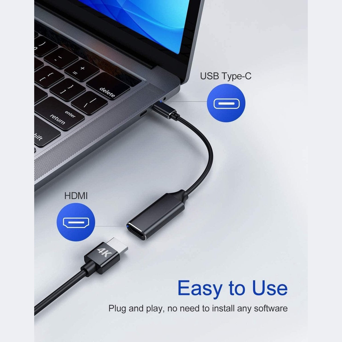 Laptop aangesloten op een USB-C en HDMI adapter. Tekst: Gemakkelijk te gebruiken, Plug and play, geen software installeren.