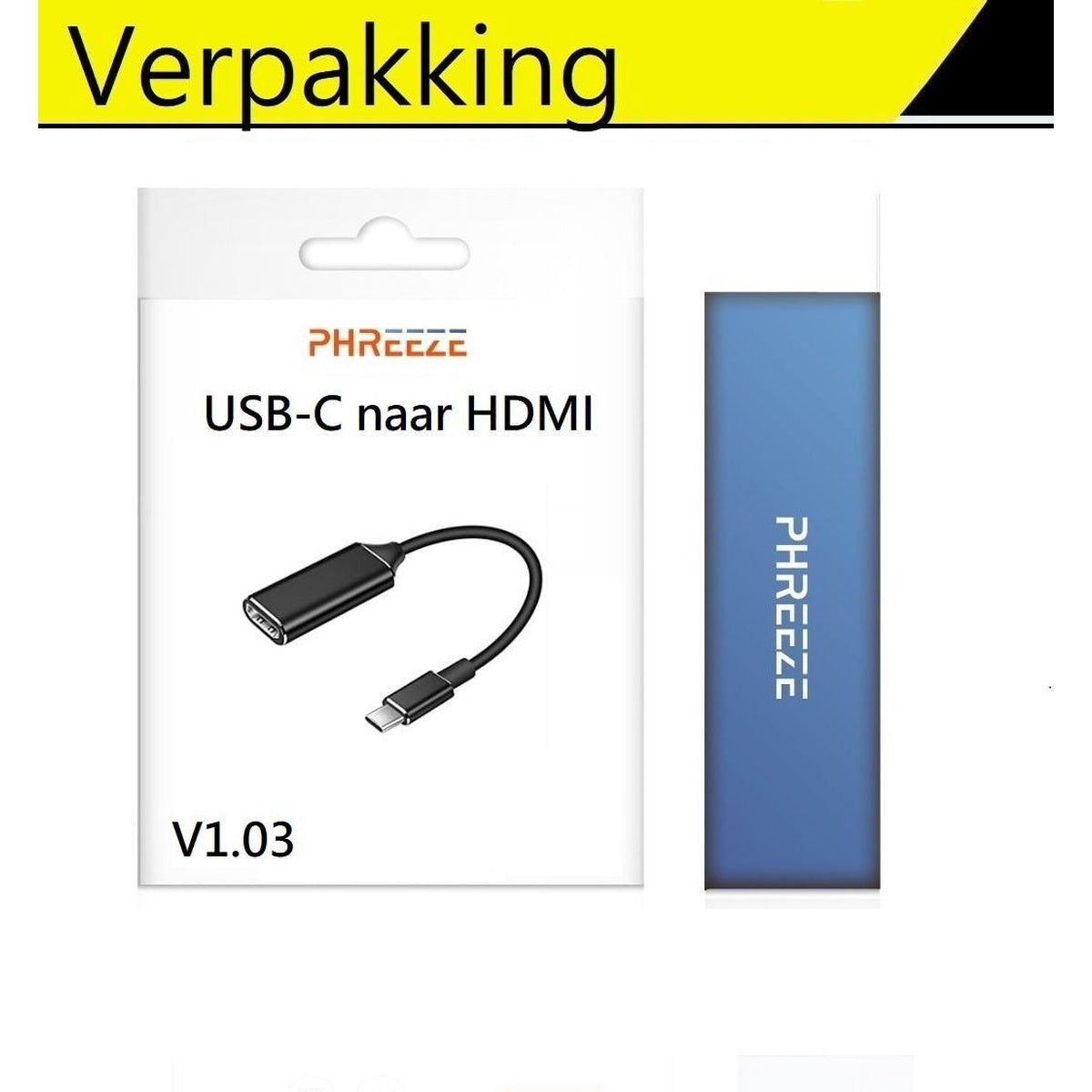 Een verpakking met het label 'Verpakking' met een USB-C naar HDMI-adapter. Het toont het product en een blauwe rechthoekige doos.