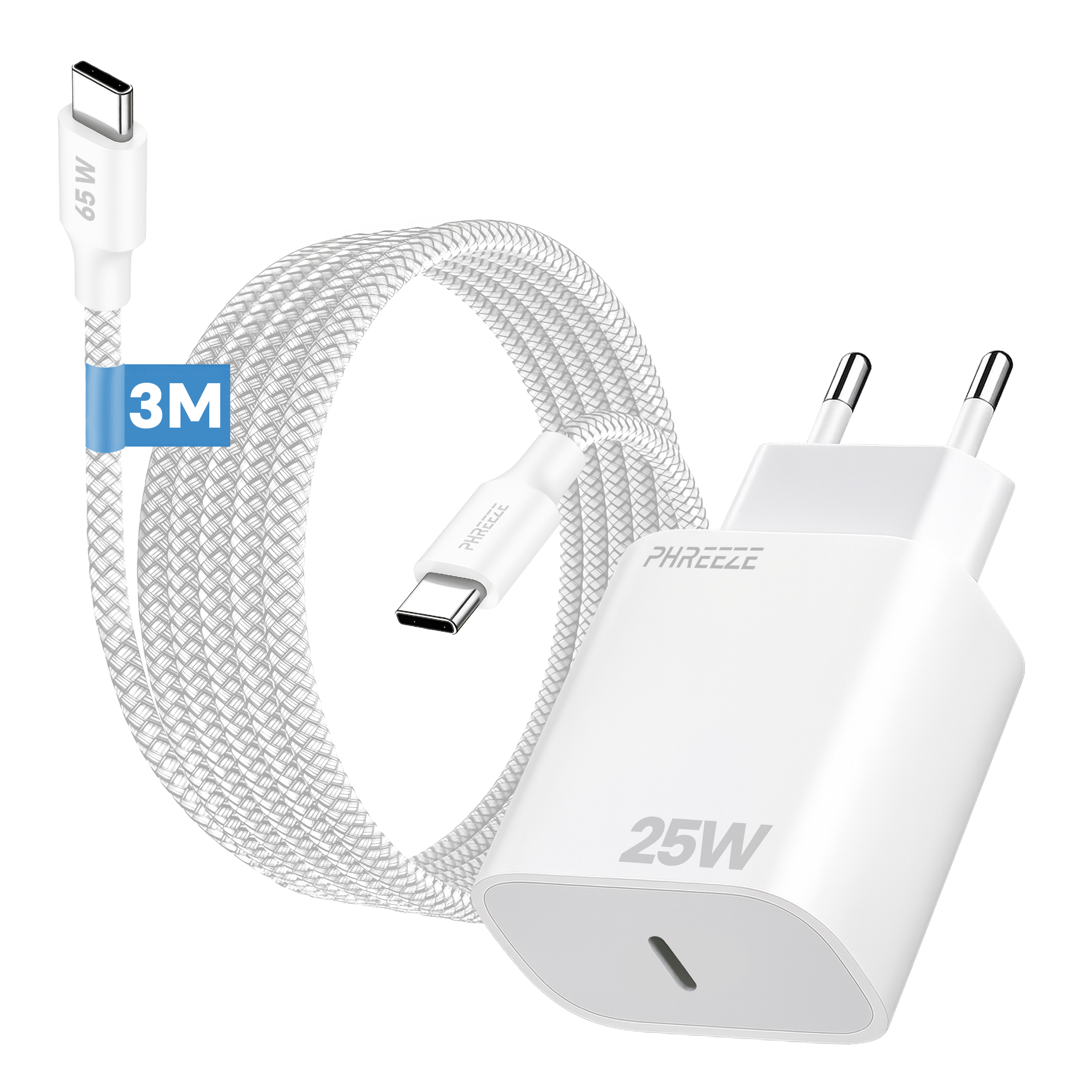 White charger and cable with gray braided design. Charger has two prongs and 25W and 65W on it. Cable is labeled 3M.