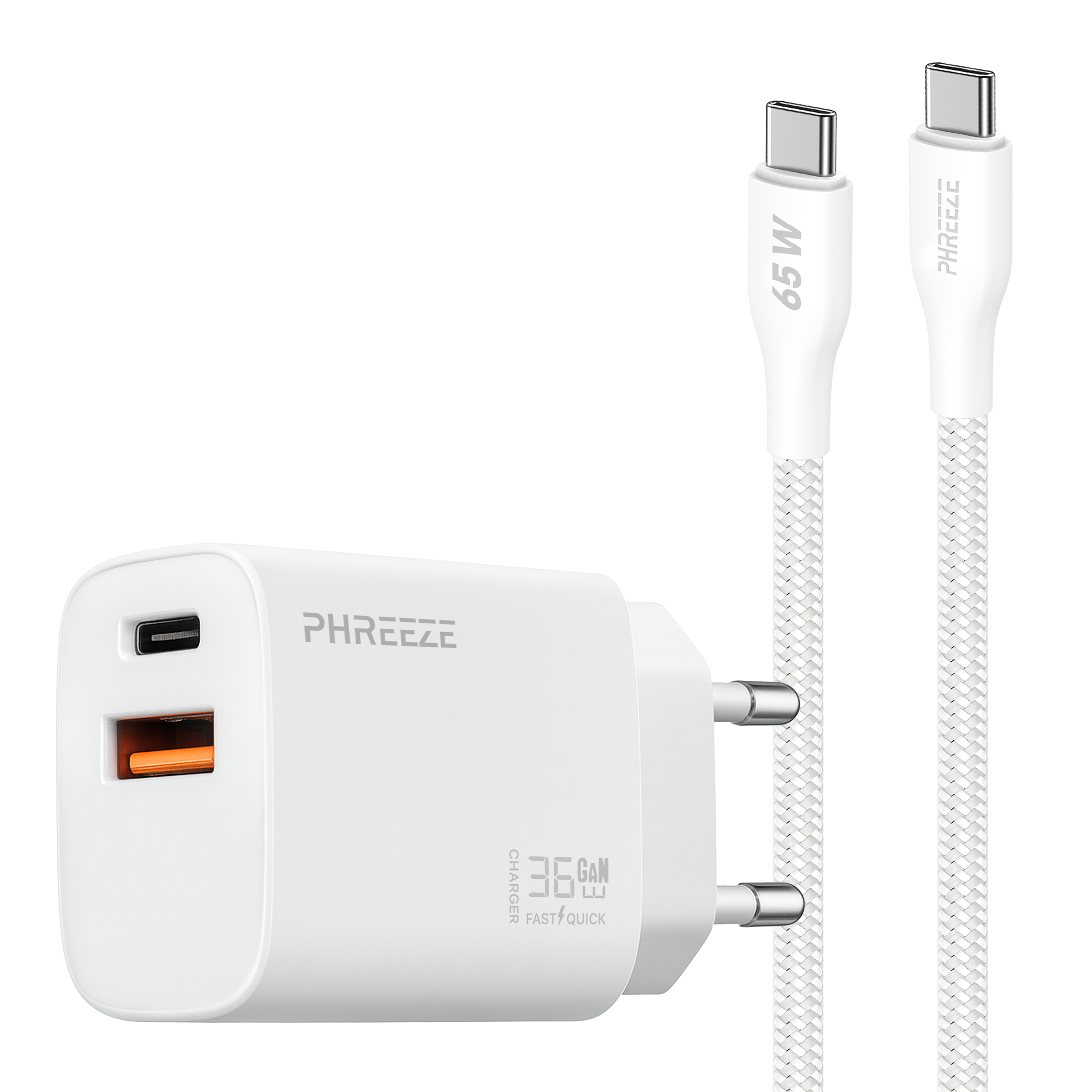 White charger with two ports, two white cables with USB-C connectors, white background.