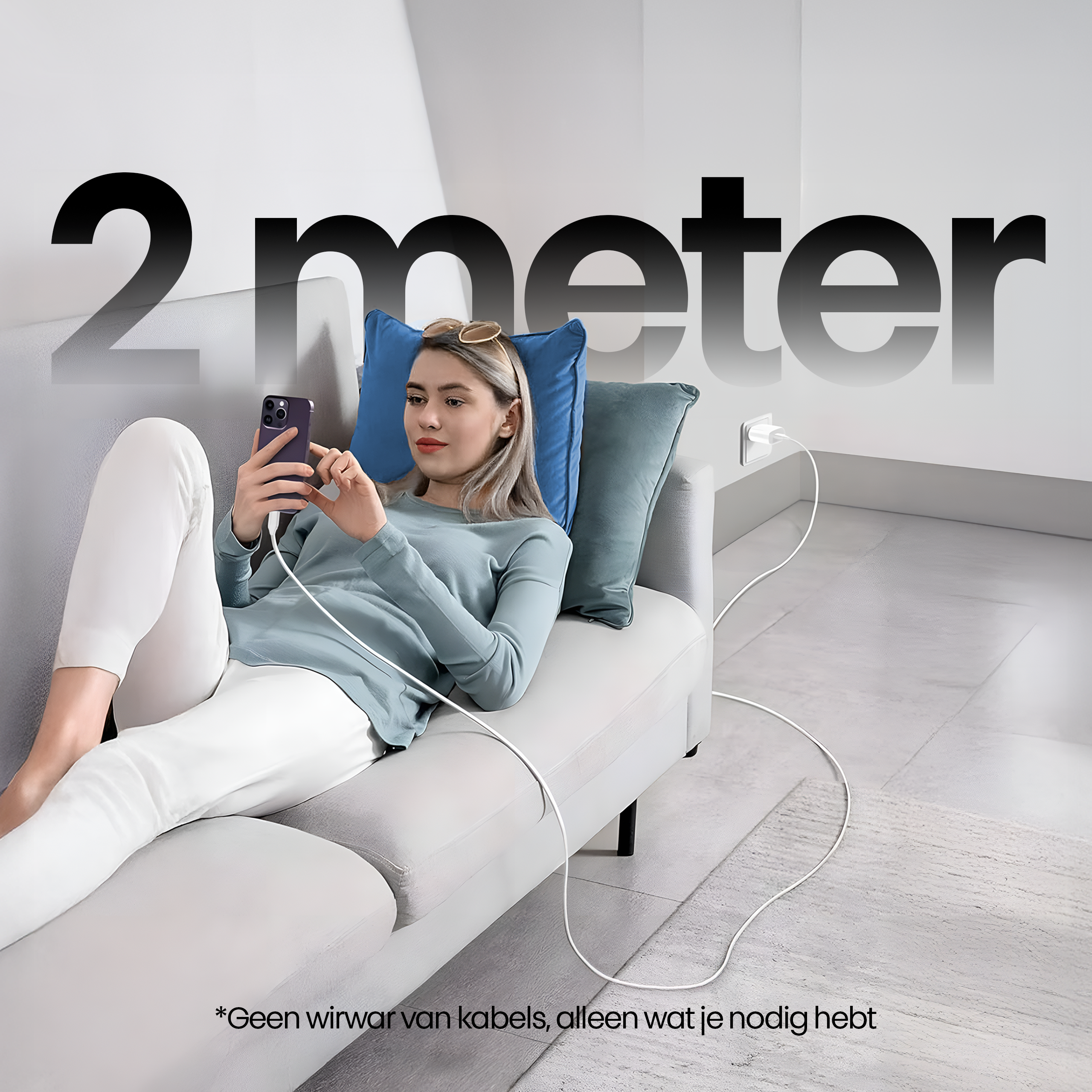Woman on a couch using her phone. Large text '2 meter'. Plug and cable visible. 'No cable clutter' is written.