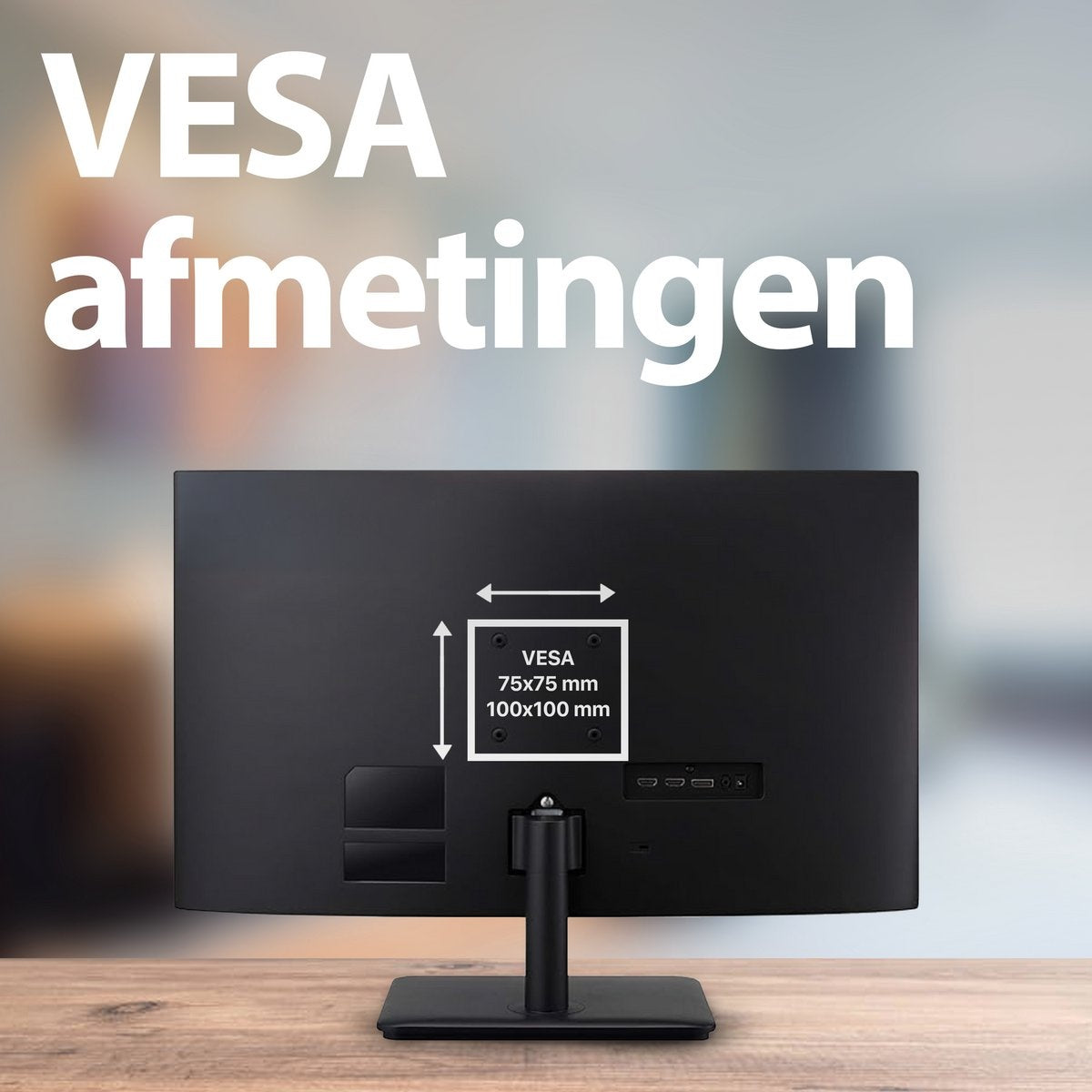 The back of a black monitor. White text overlay says 'VESA afmetingen'. A white box indicates screw hole dimensions: 75x75 mm and 100x100 mm.