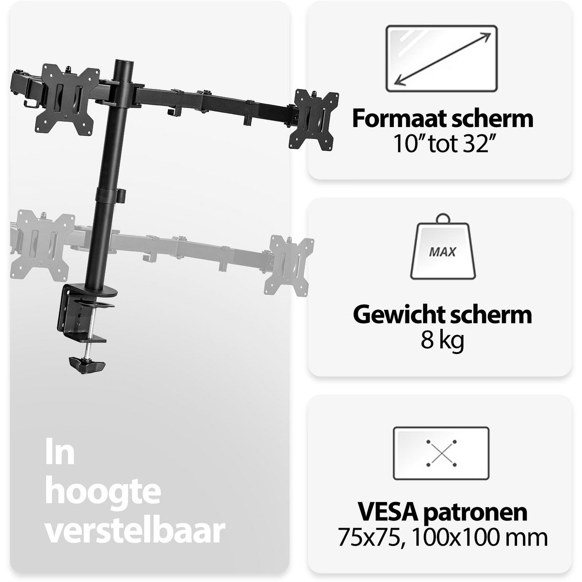 A black monitor arm with multiple adjustment points, beside information cards, including screen size, weight, and VESA patterns.