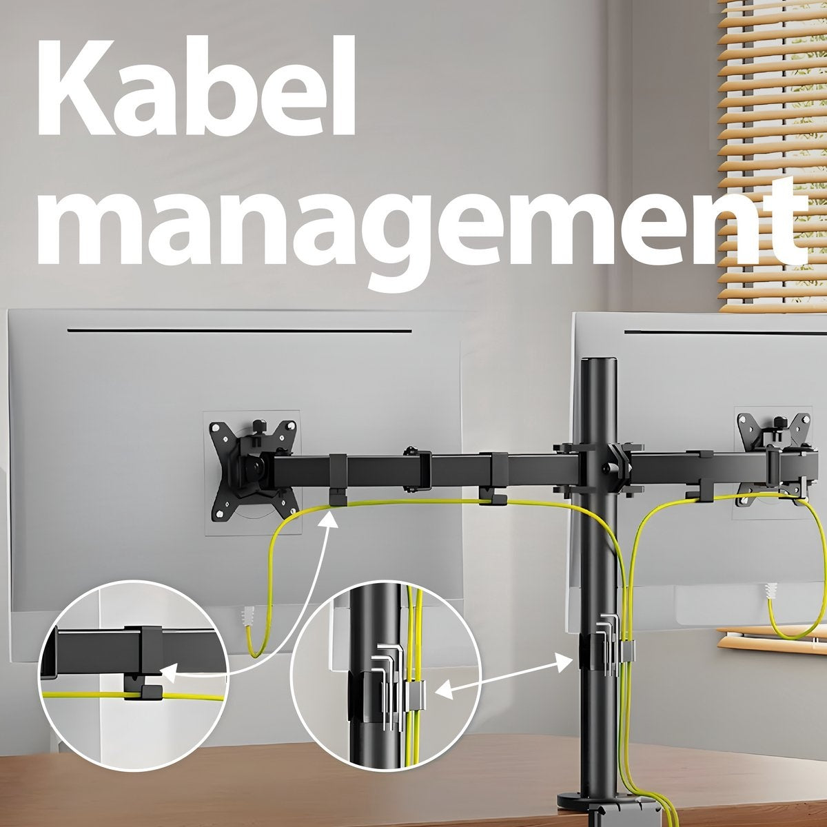 A monitor stand with two screens, cable management, and yellow cables. The background shows a window with blinds.