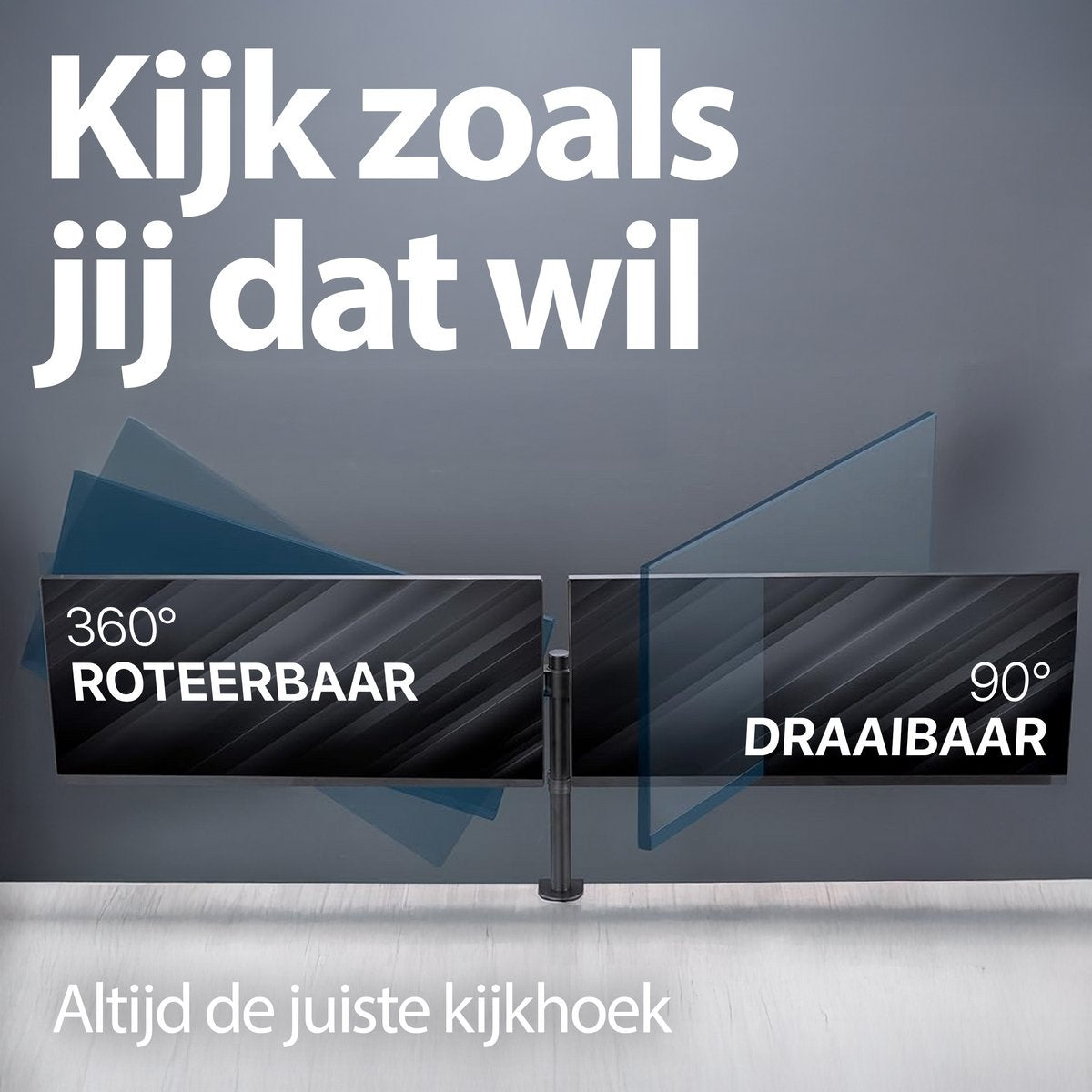 An advertisement with text in Dutch. Two screens are shown, one rotating 360 degrees and the other 90 degrees.