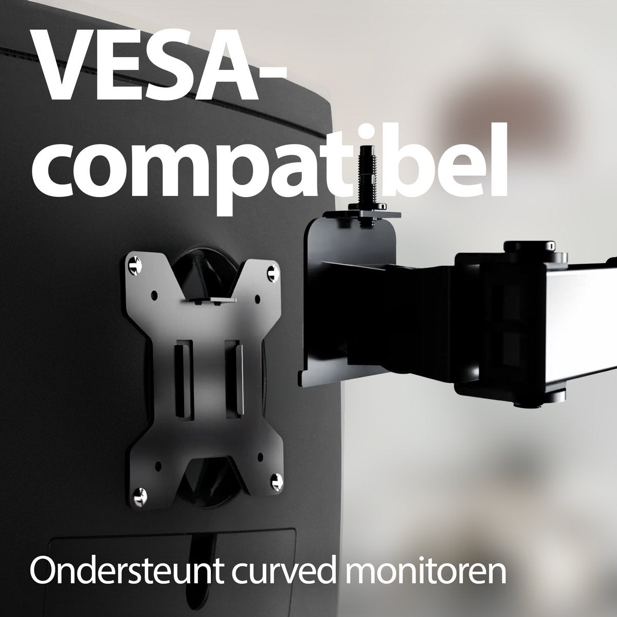 A black monitor mount with VESA compatibility is displayed. The mount supports curved monitors. Text is in Dutch.