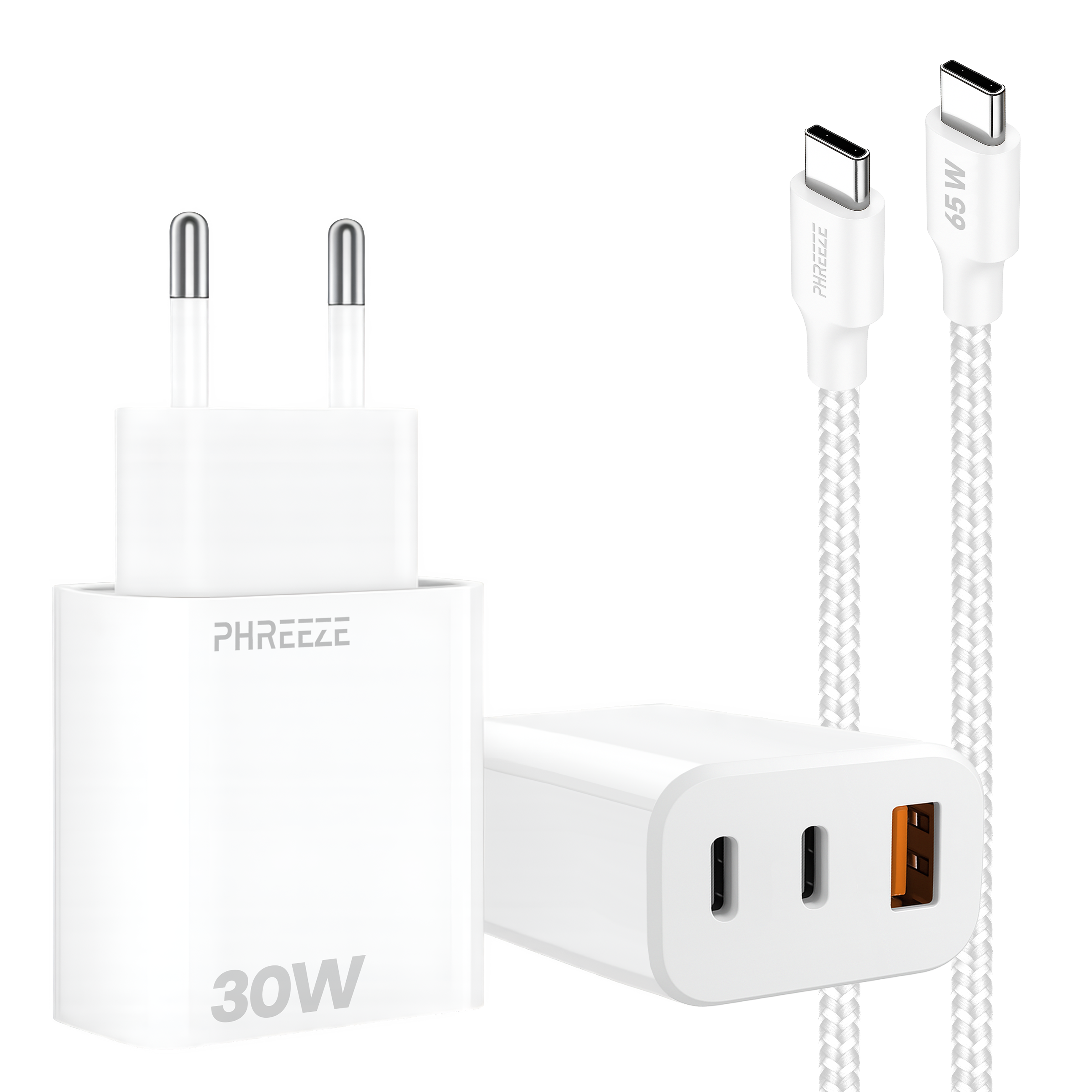 White charger and cable set. Charger has 2 ports and 30W. Cables are USB-C.  65W on one cable.