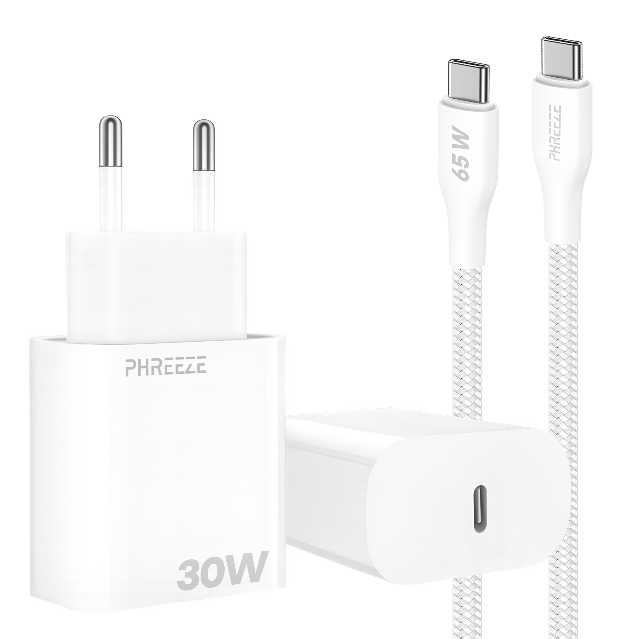White charger with two cables. One charger has 30W label, the other two cables have 65W label.