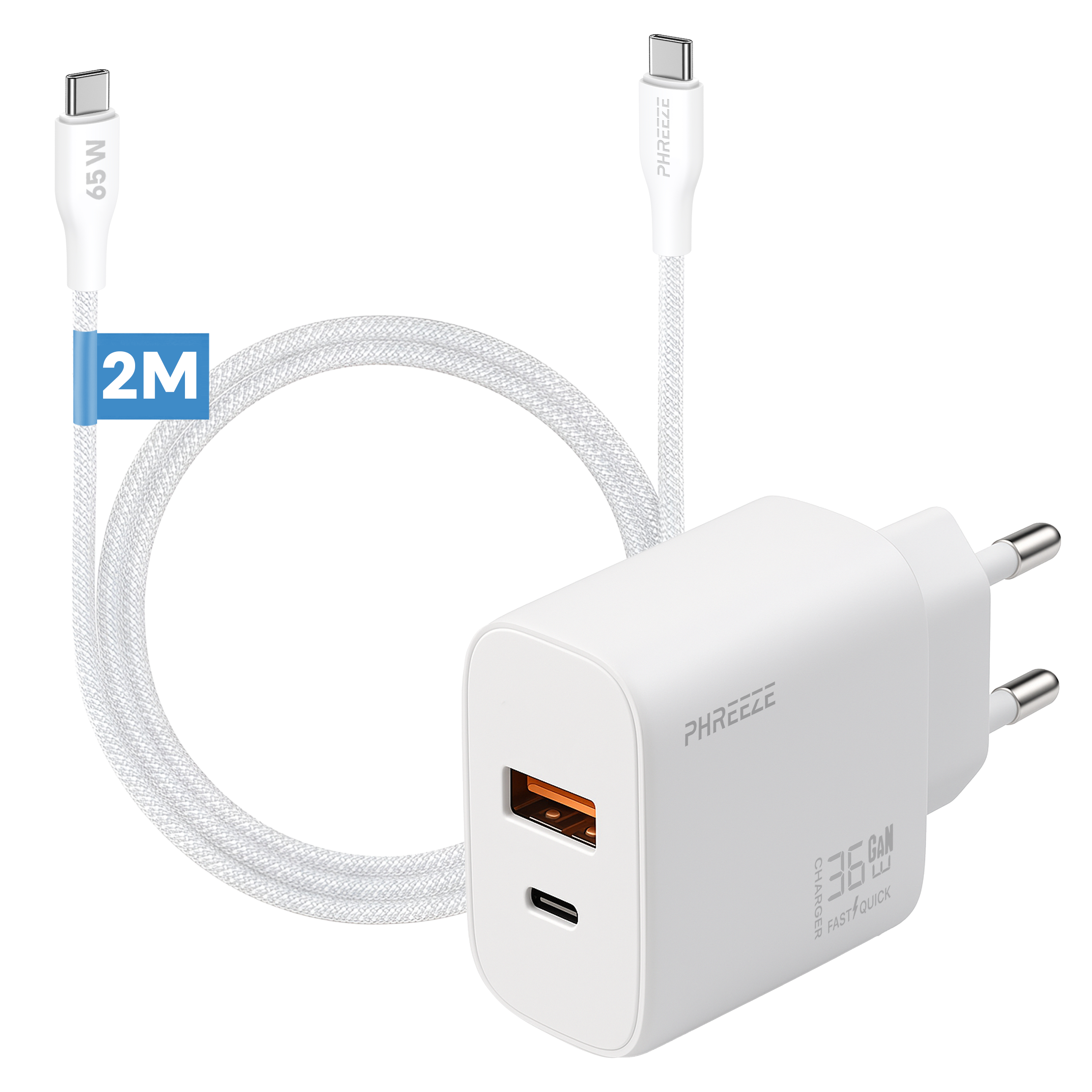 A white charger with two ports, a white cable, and a blue label that says 2M.