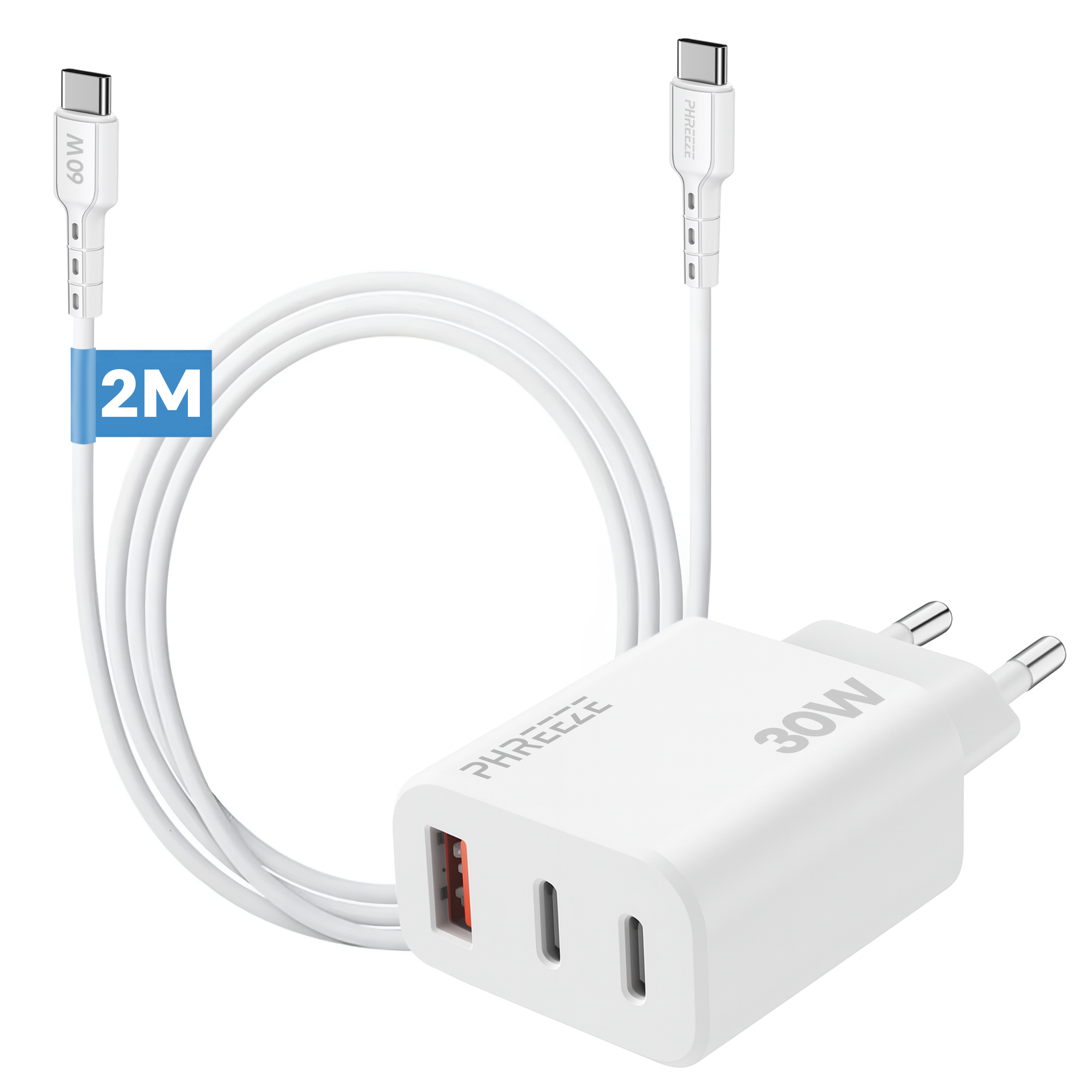 White charger with two USB-C ports and a 2M cable. It is a 30W charger. The cable reads 60W.