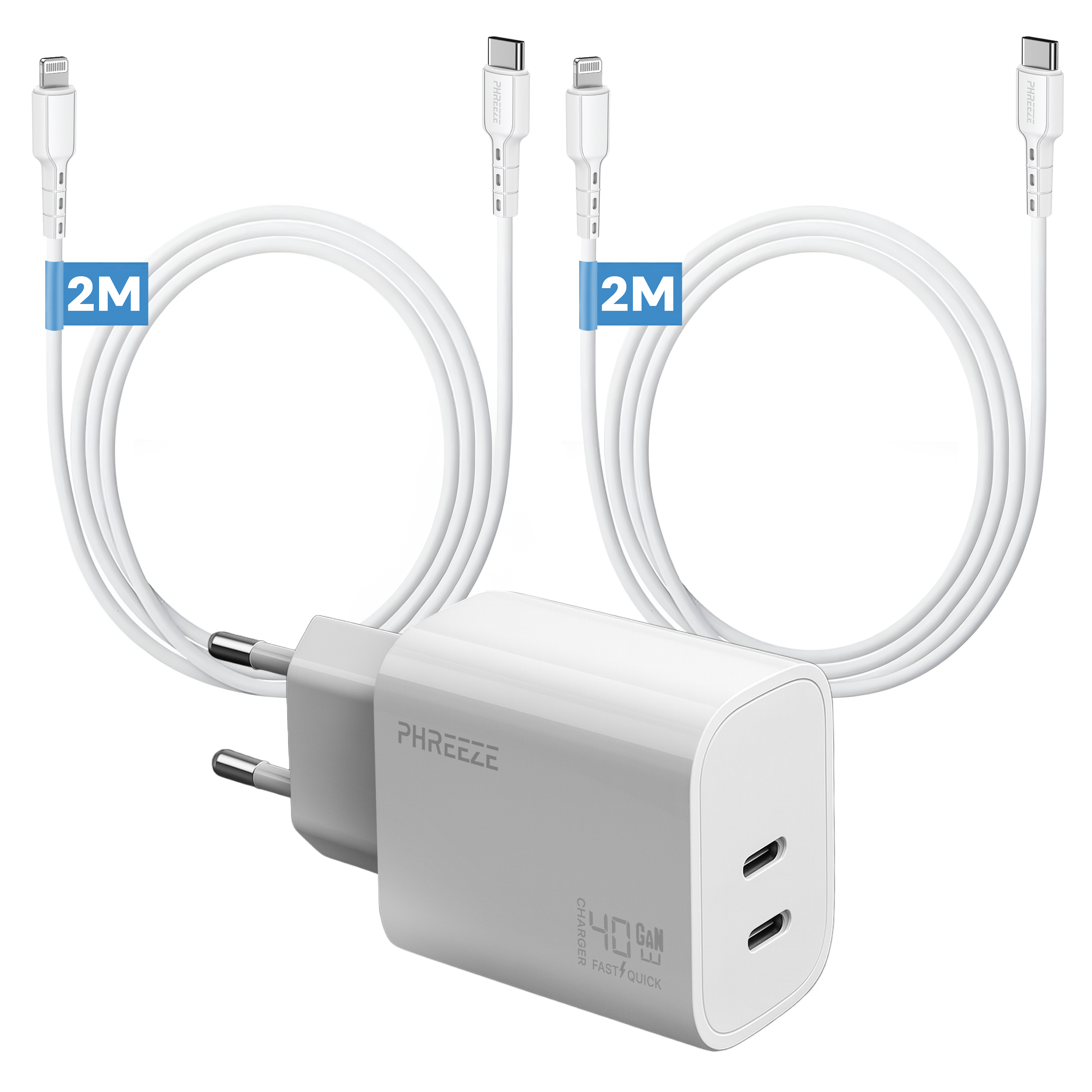 Een witte oplader met twee USB-C-poorten, twee witte kabels en twee Lightning-kabels.