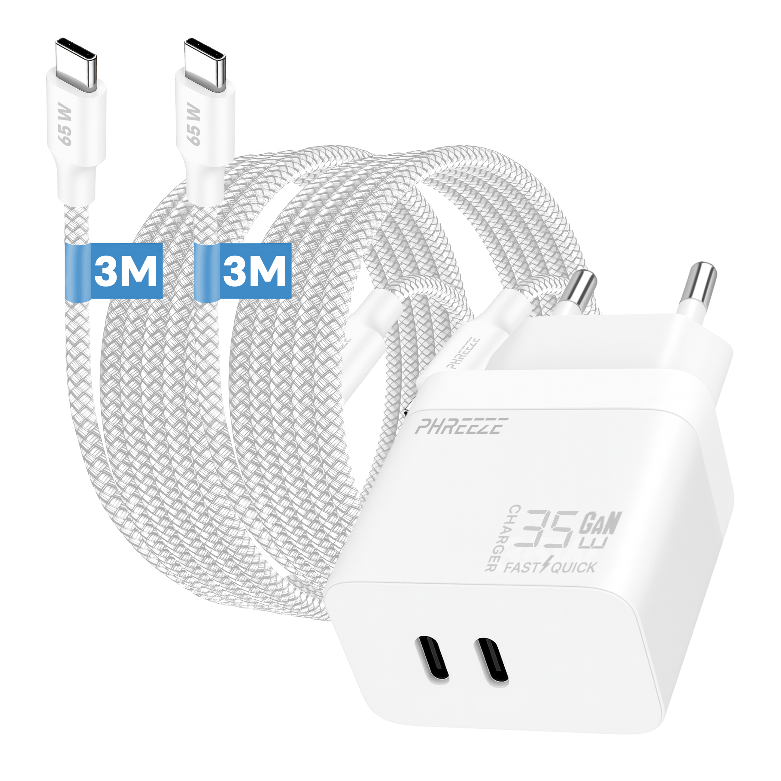 White charger with two USB-C cables. Cables have 3M labels. Charger has two ports, and the text says 35W GAN.