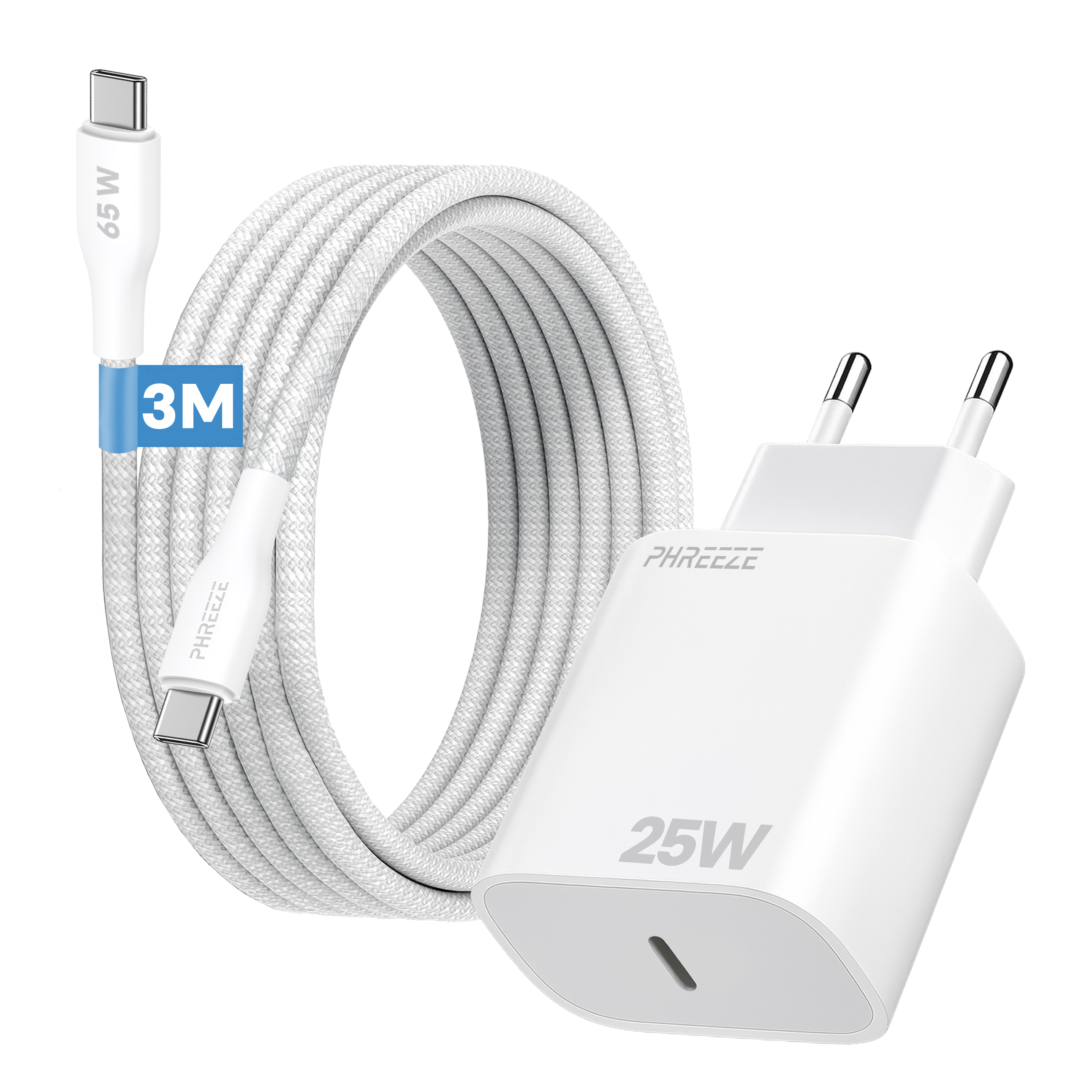 Een witte telefoonlader set met een kabel, voedingsadapter en een 3M label. De kabel en adapter zijn wit.