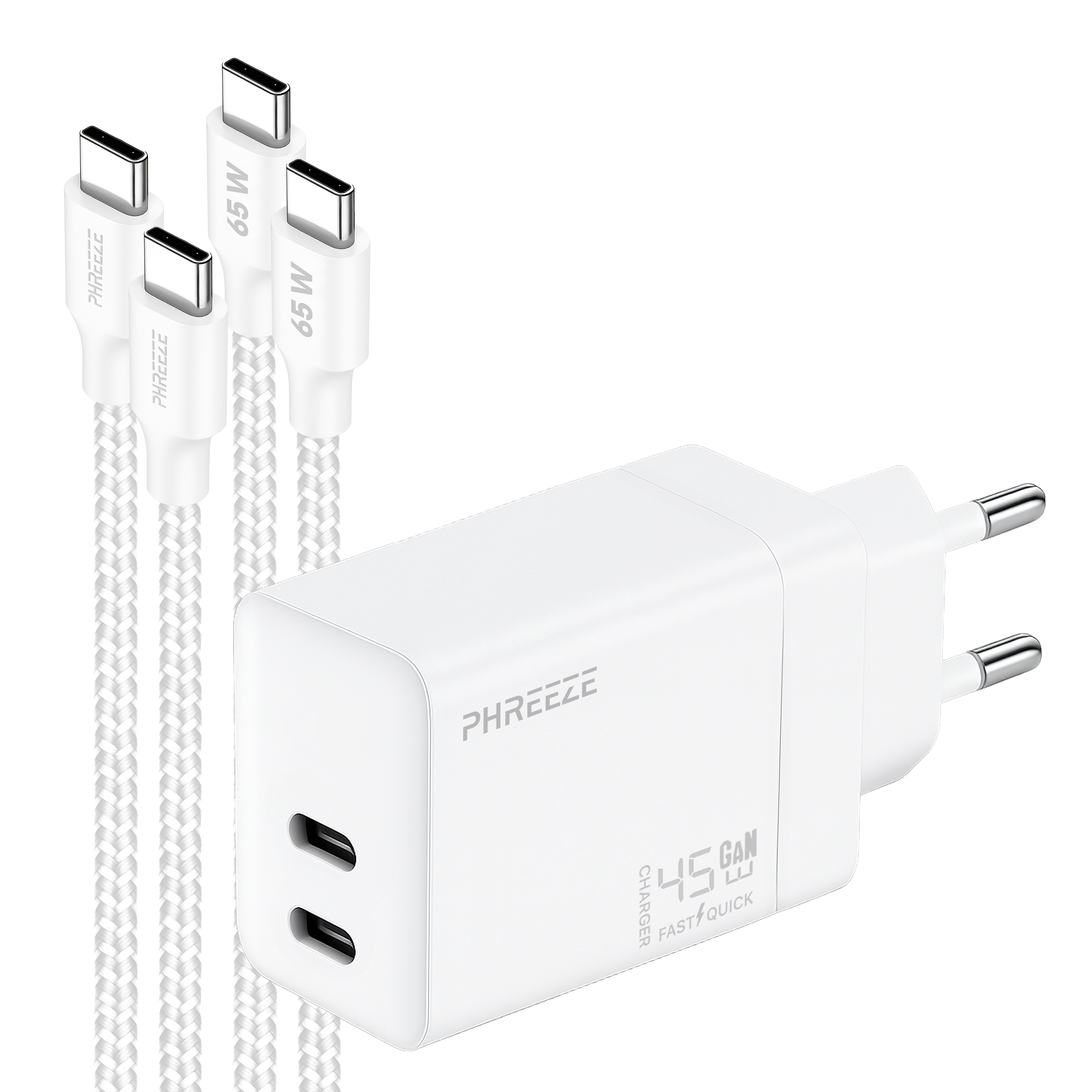 White charger with 4 cables. The charger has two USB-C ports and a plug. Cables have USB-C connectors.
