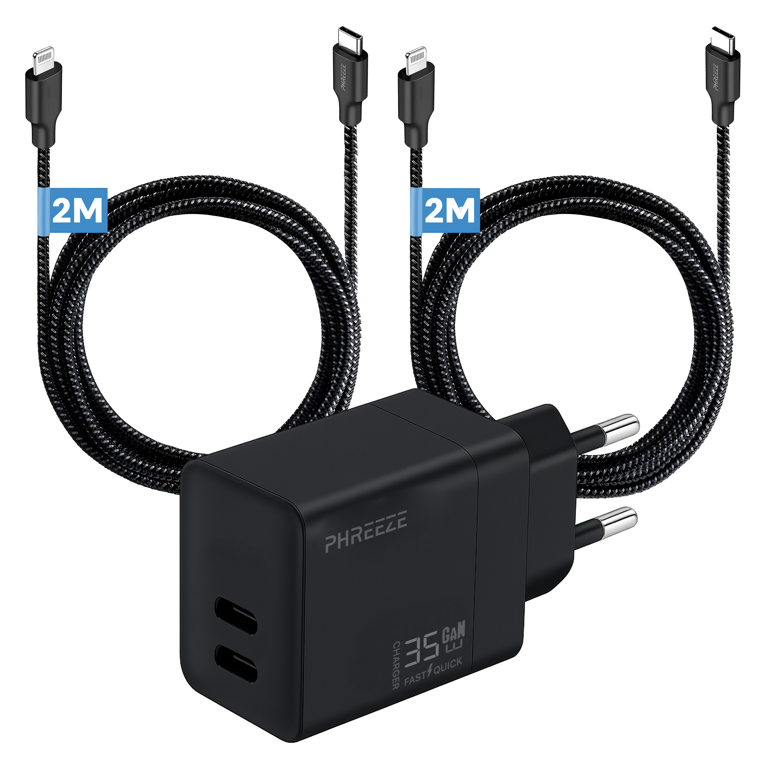 Zwarte oplader met drie kabels. Twee kabels hebben USB-C-connectoren, één heeft een Lightning-connector.