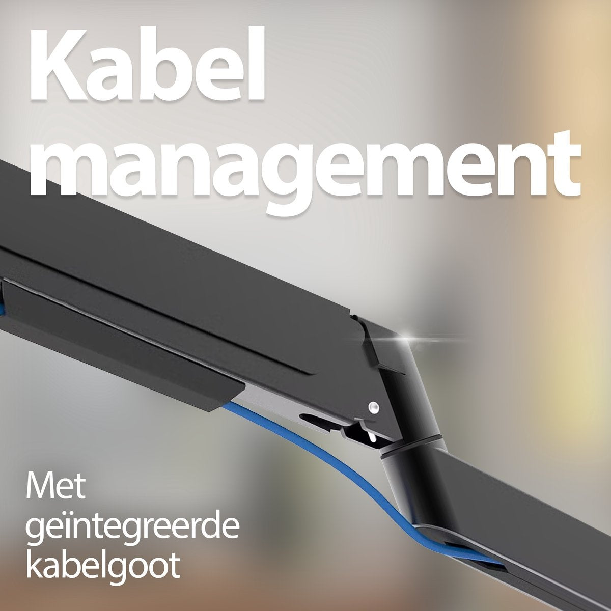 A close-up shows a black cable management system with a blue cable. Text says 'Kabel management' and 'Met geintegreerde kabelgoot'.