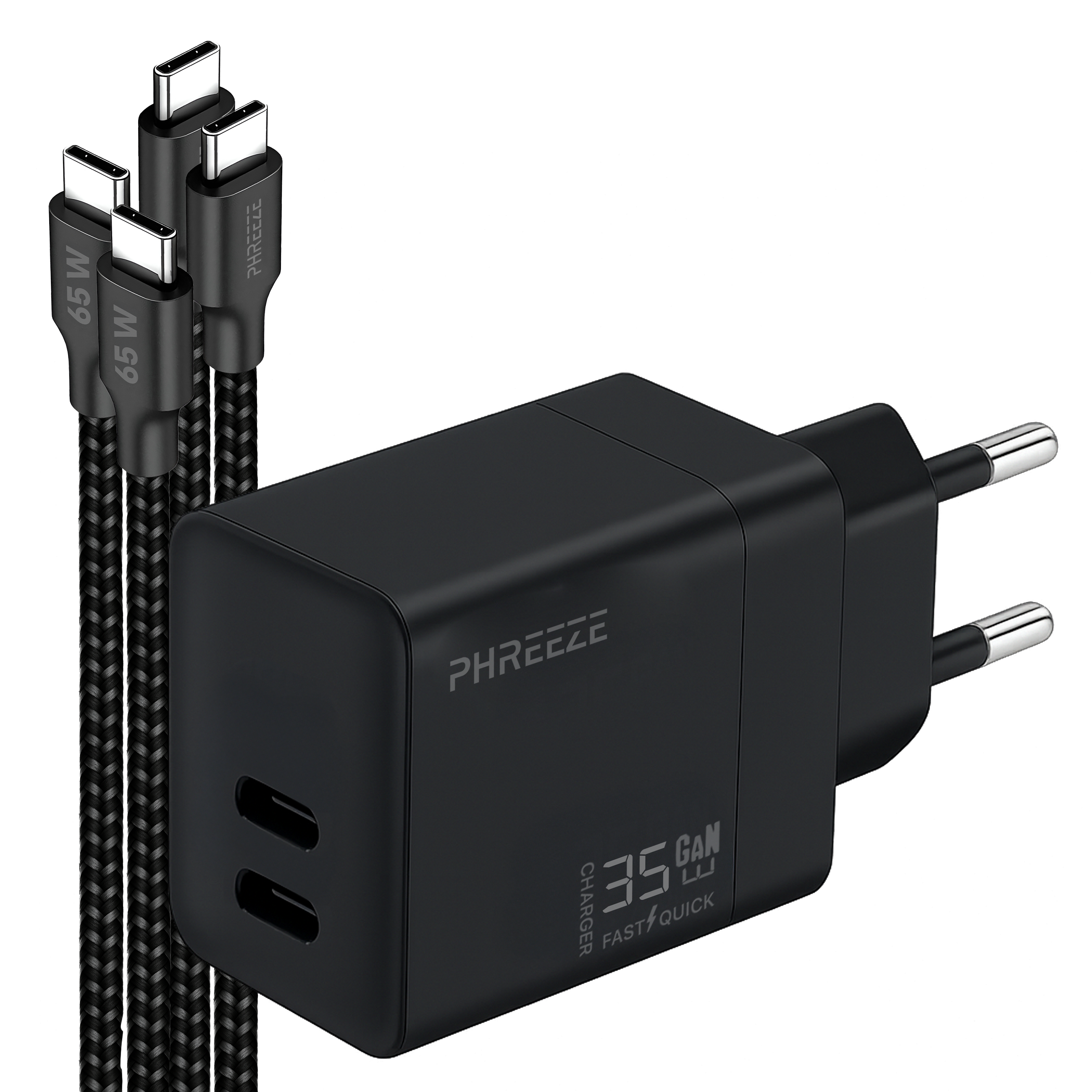 Black charger with USB-C cables. The charger has two ports, the cables are braided, and the plug is European.